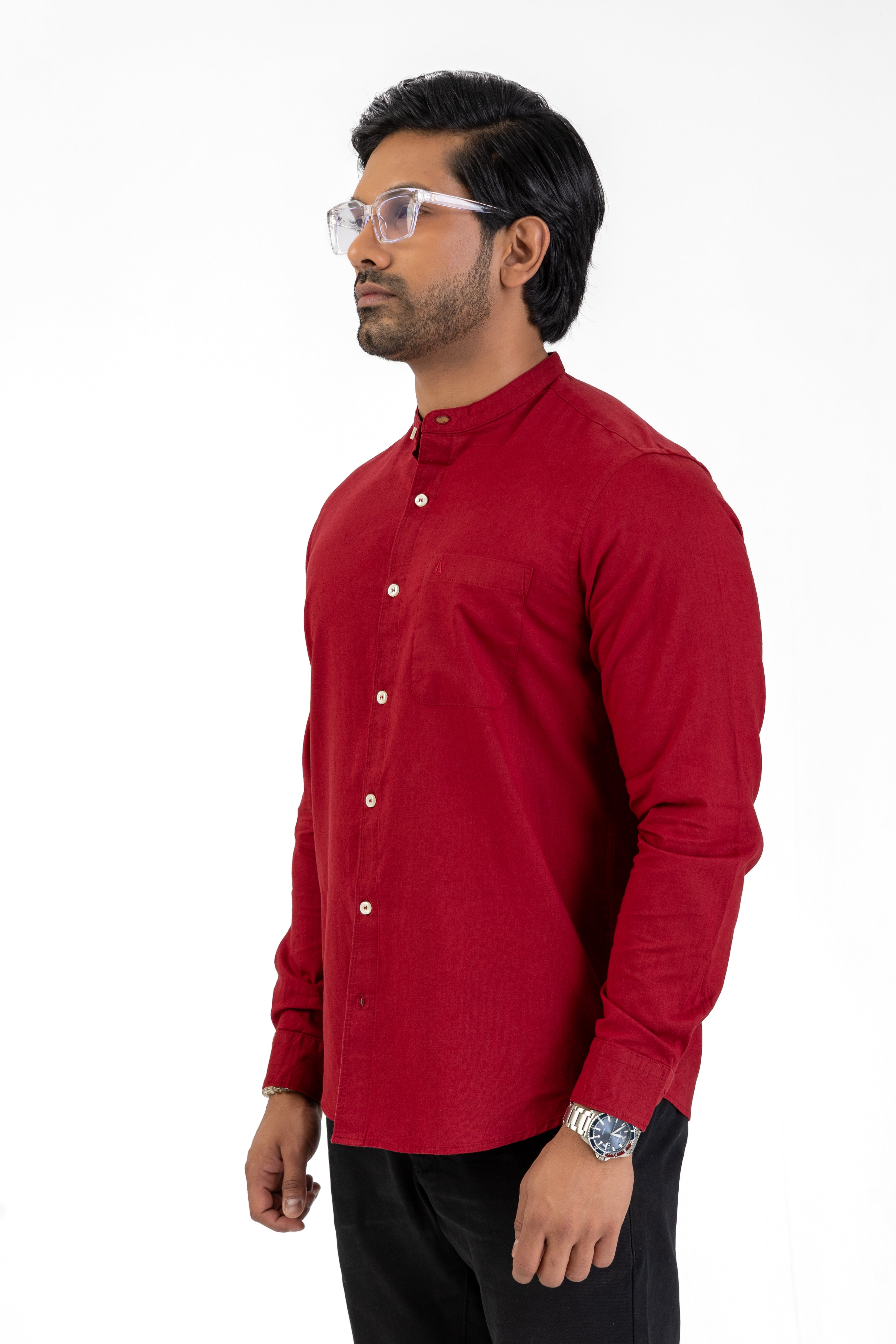 Slub Linen Cotton Chinese Collar Shirt – Maroon