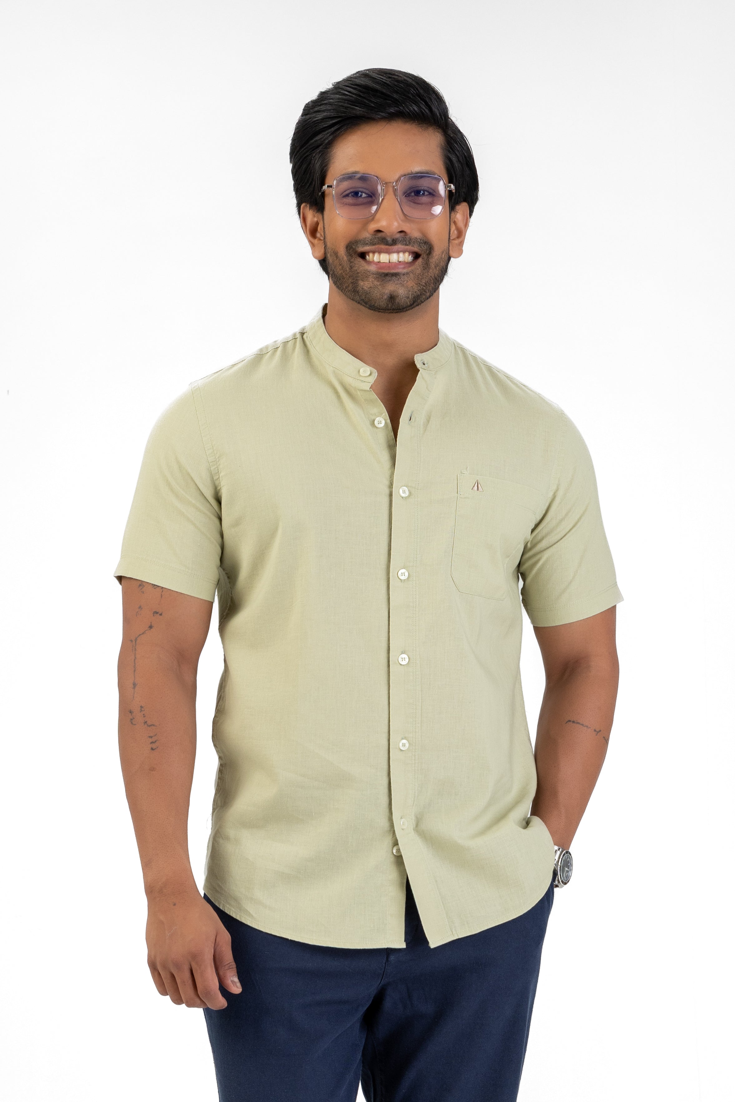 Chinese Collar Short Sleeve Shirt – Light Green