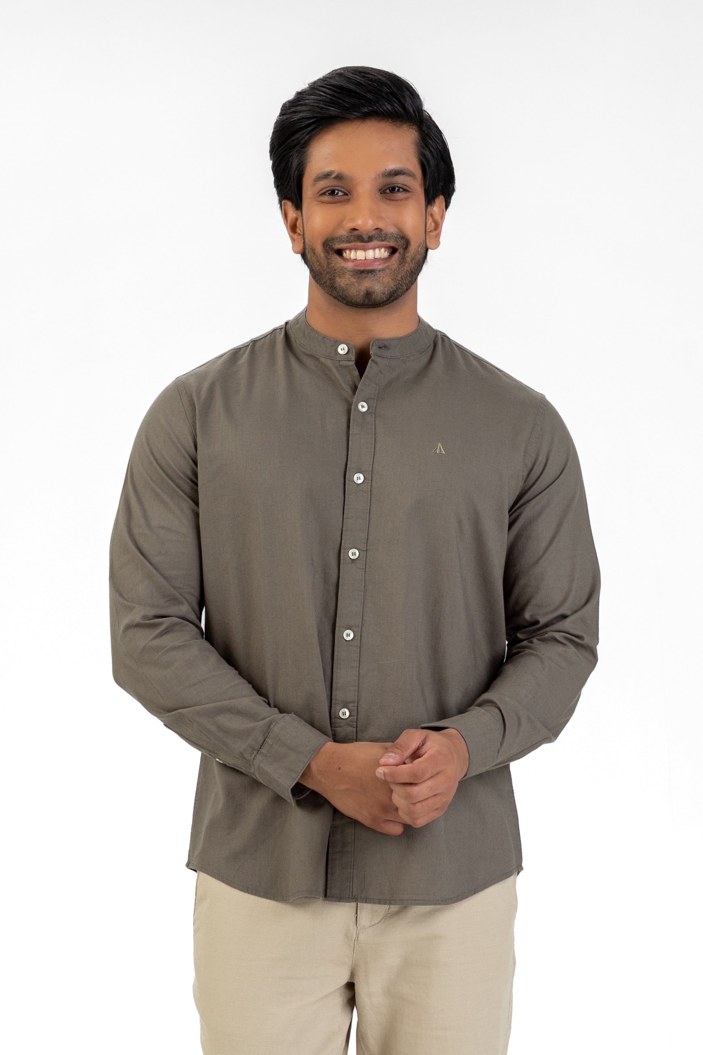 Linen Cotton Chinese Collar Shirt – Dark Green