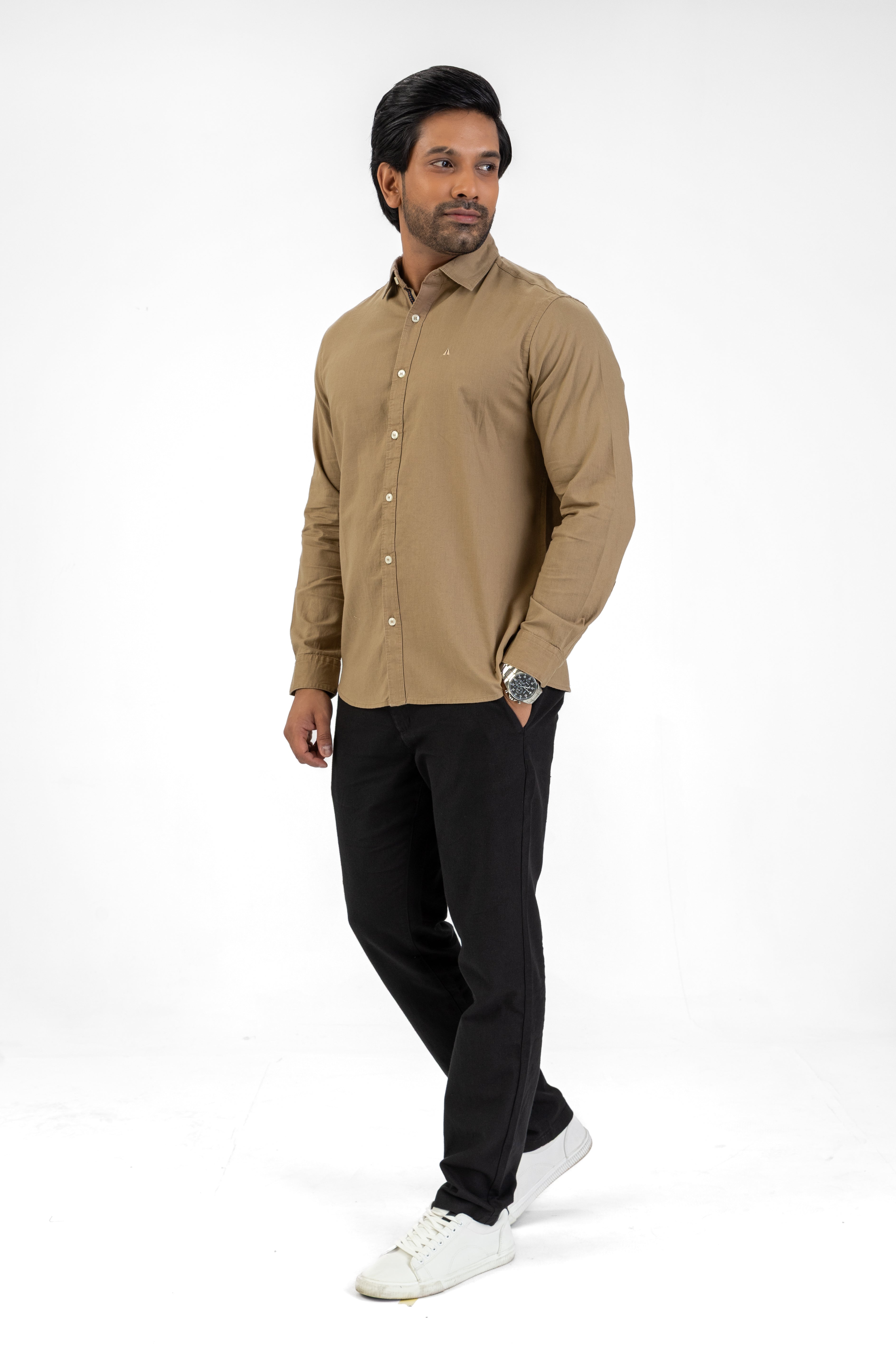 Linen Cotton Long Sleeve Shirt – Light Brown