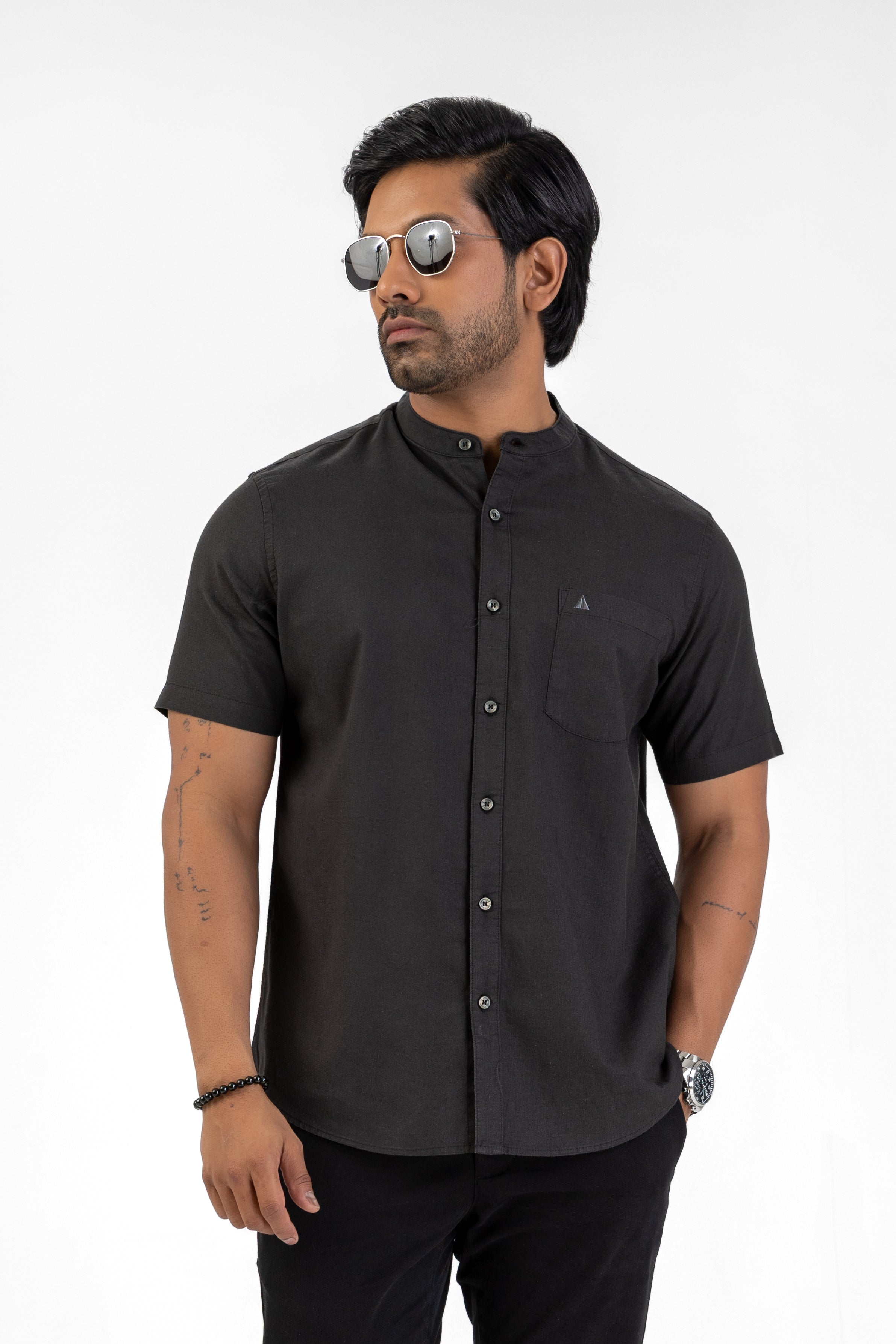 Chinese Collar Short Sleeve Shirt – Black