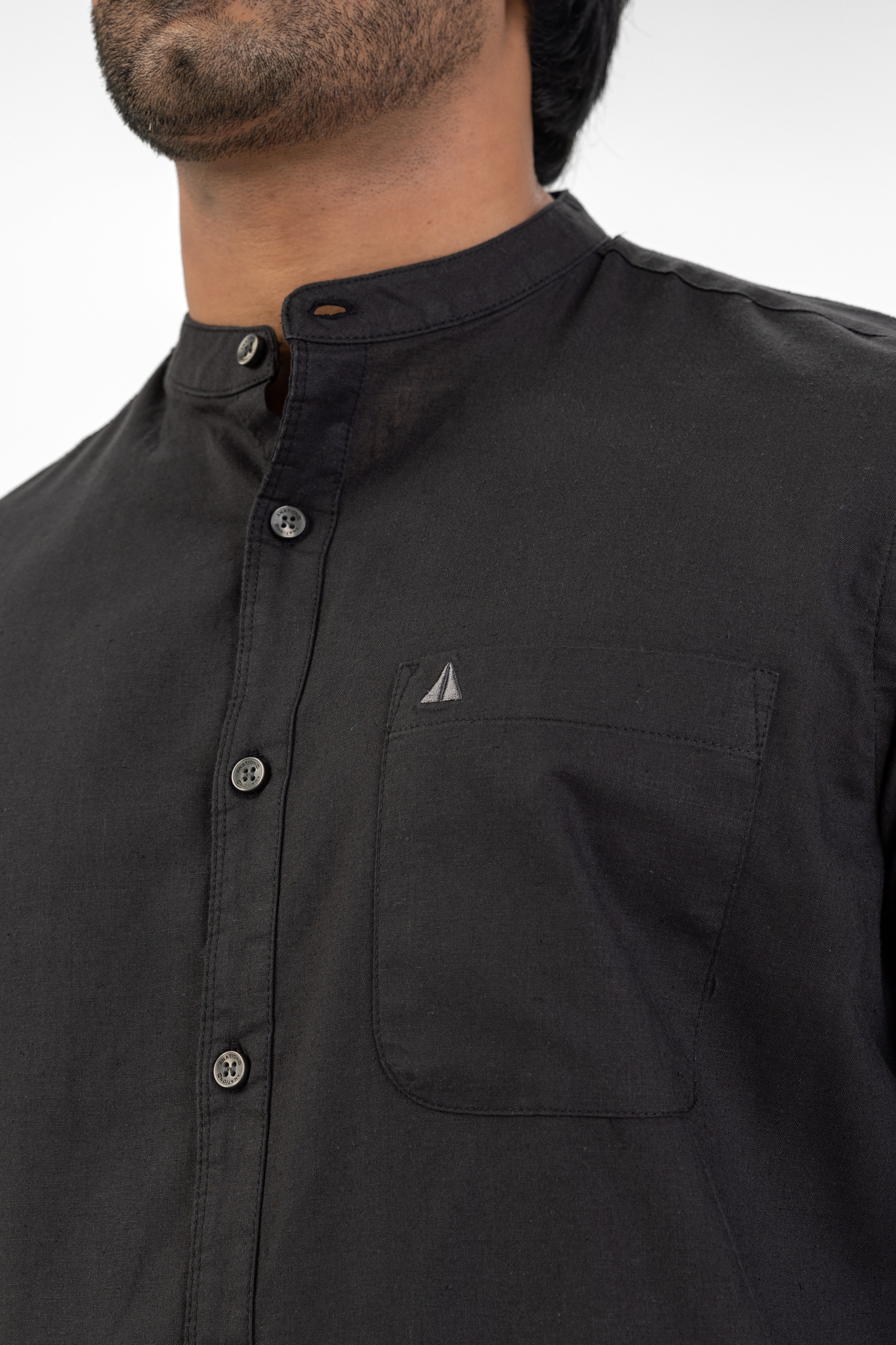 Slub Linen Cotton Chinese Collar Shirt – Black