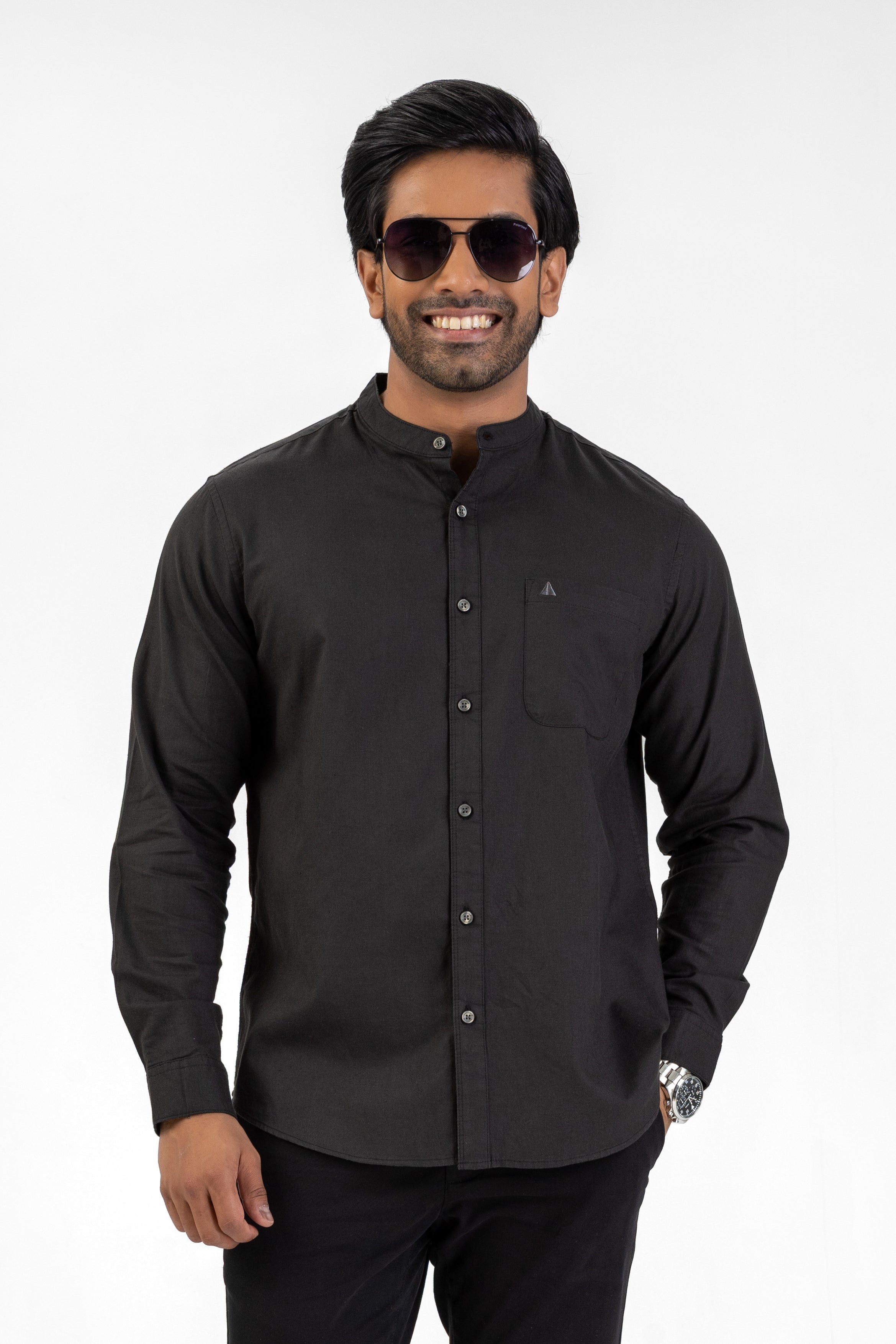 Slub Linen Cotton Chinese Collar Shirt – Black