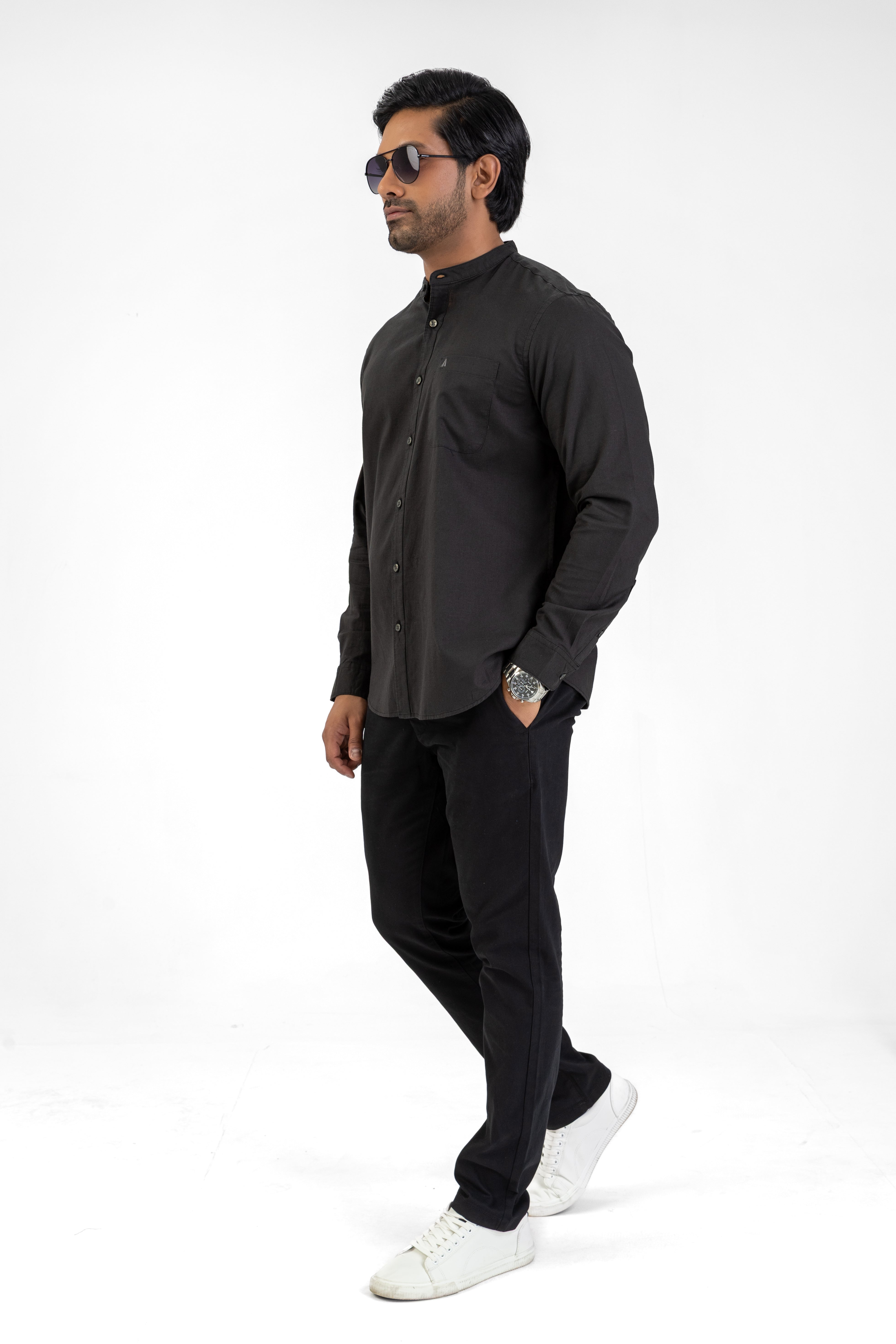 Slub Linen Cotton Chinese Collar Shirt – Black