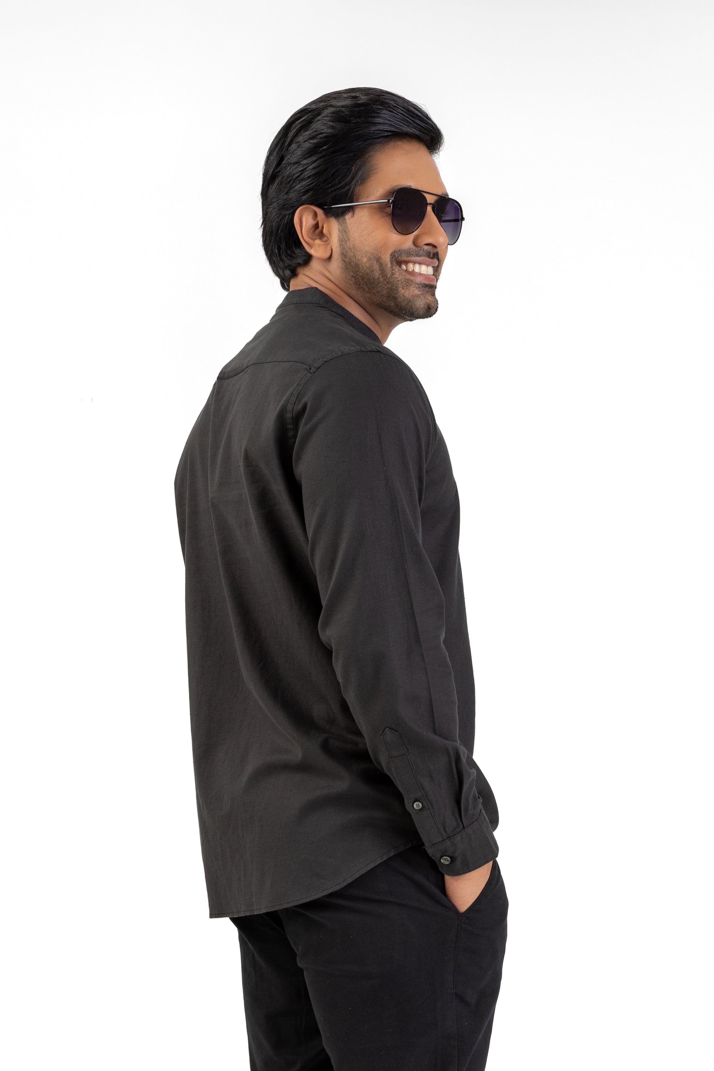 Slub Linen Cotton Chinese Collar Shirt – Black