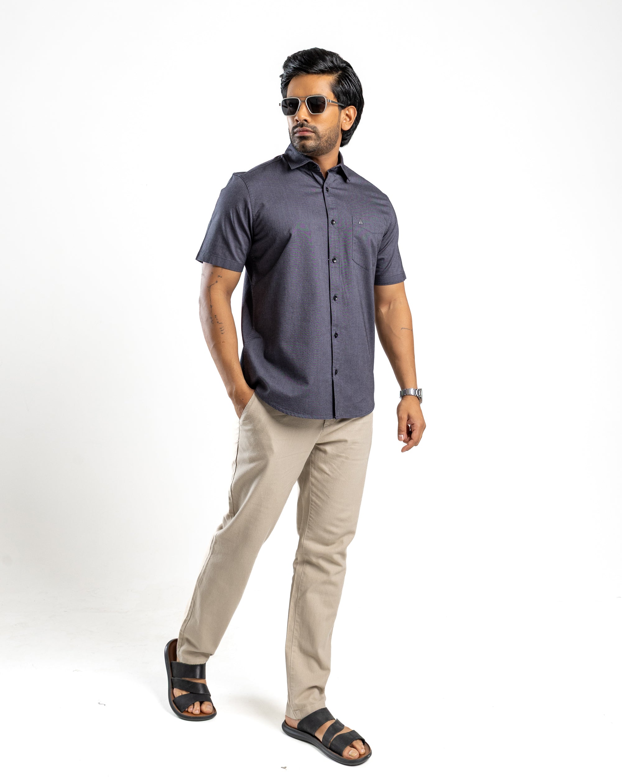 100% COTTON Short Sleeve Shirt - Dark Grey