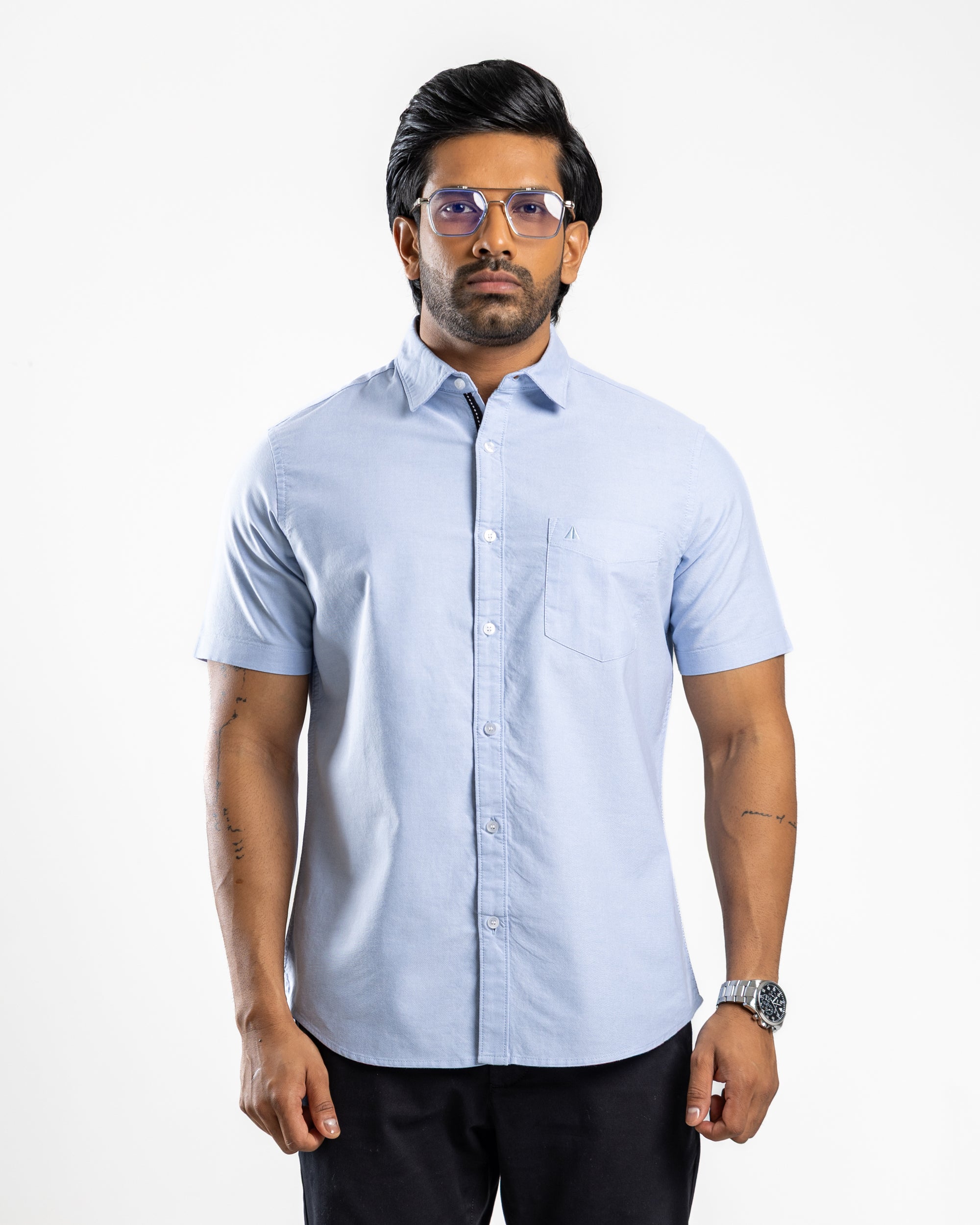 100% COTTON Short Sleeve Shirt - Light Blue