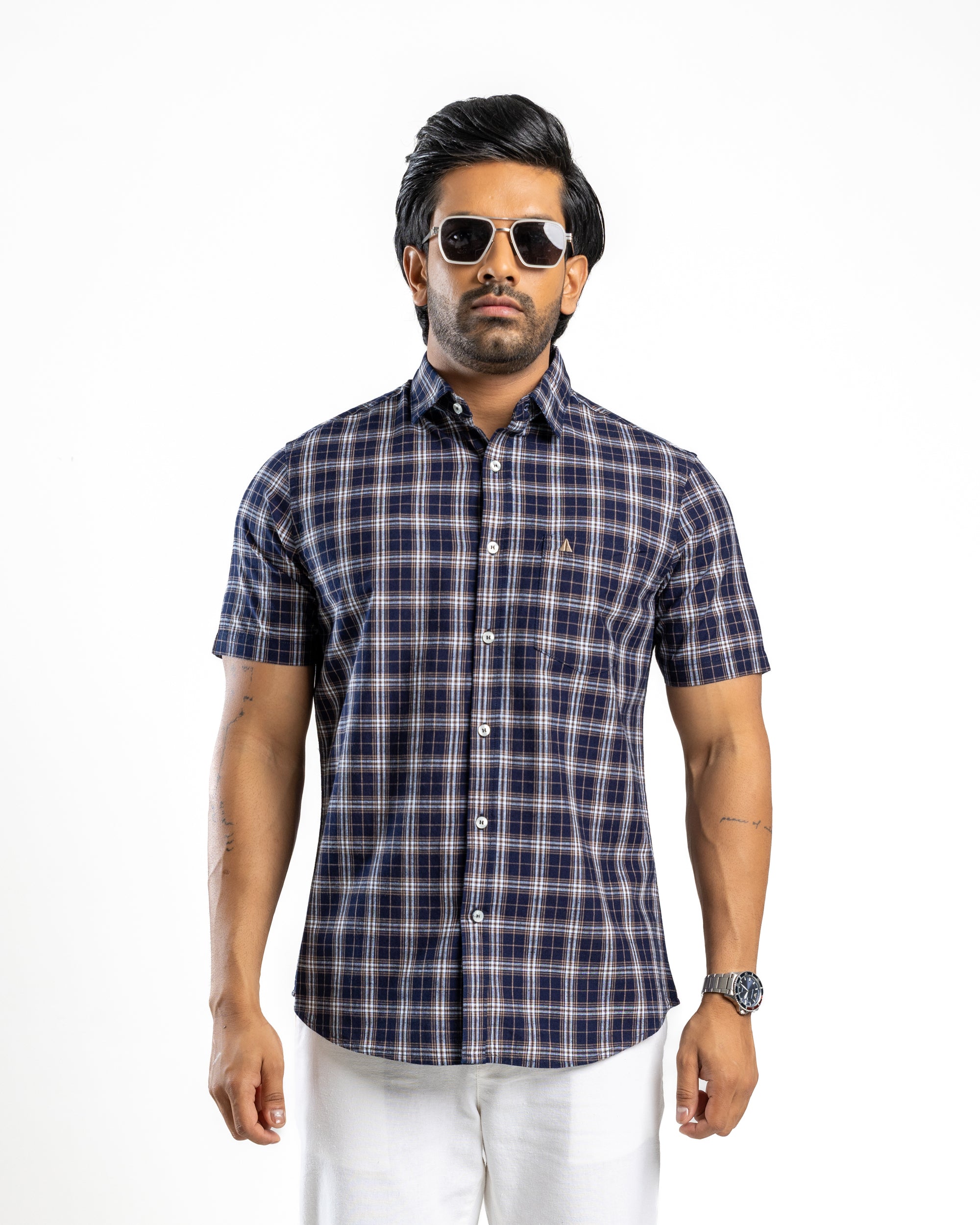 100% COTTON CHECK Short Sleeve Shirt -Khaki