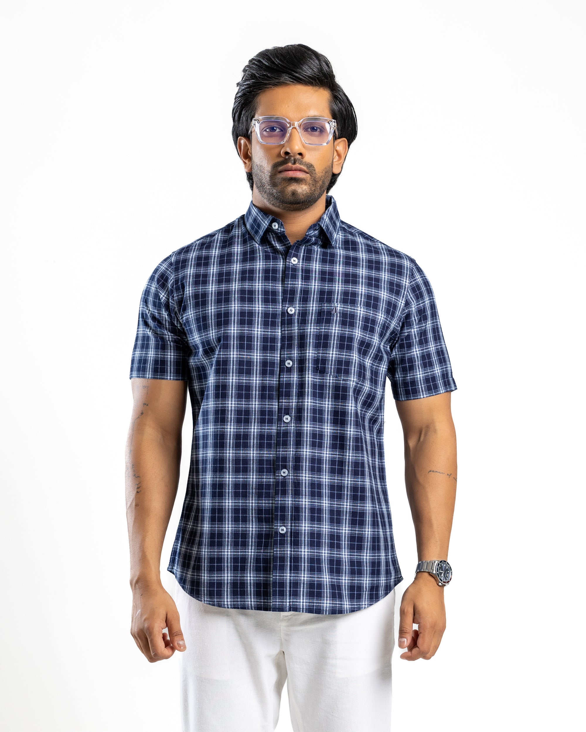 100% COTTON CHECK Short Sleeve Shirt - Deep Ocean Navy