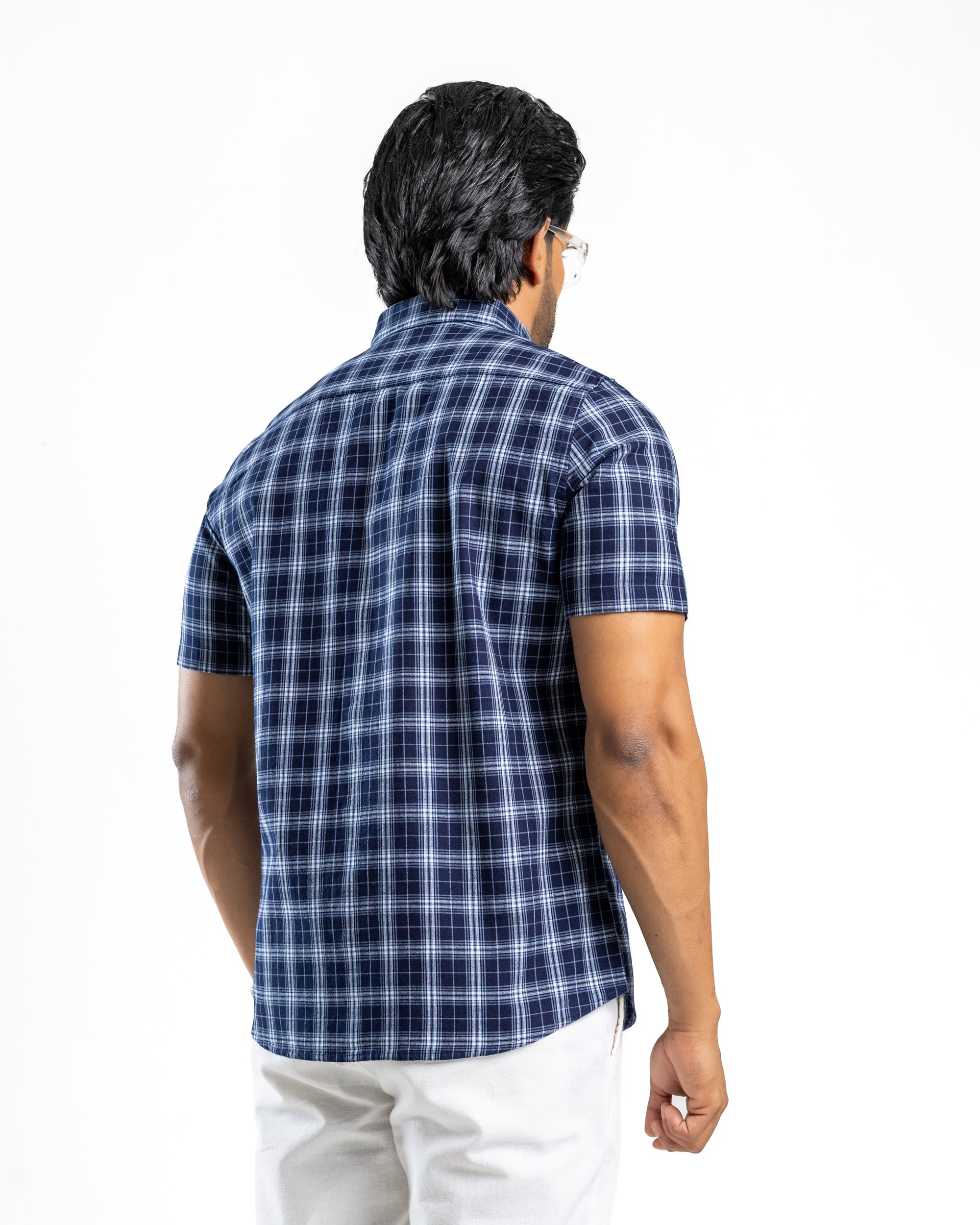 100% COTTON CHECK Short Sleeve Shirt - Deep Ocean Navy