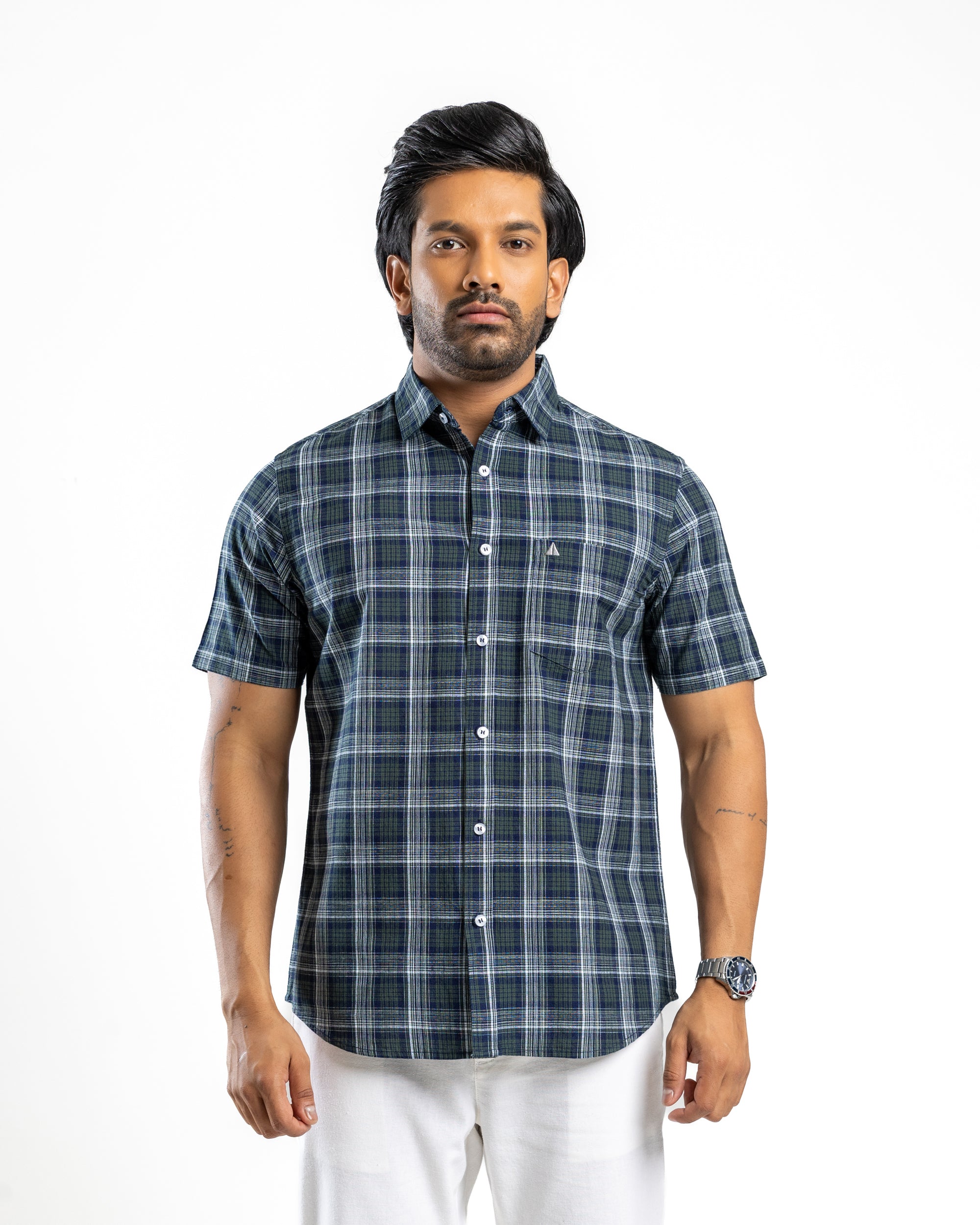 100% COTTON CHECK Short Sleeve Shirt - Forest Pine