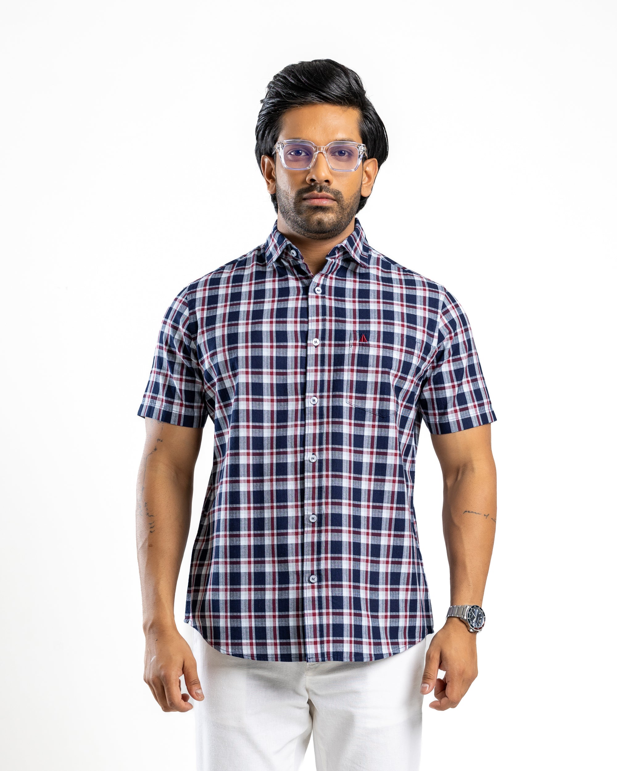 100% COTTON CHECK Short Sleeve Shirt - Royal Crimson