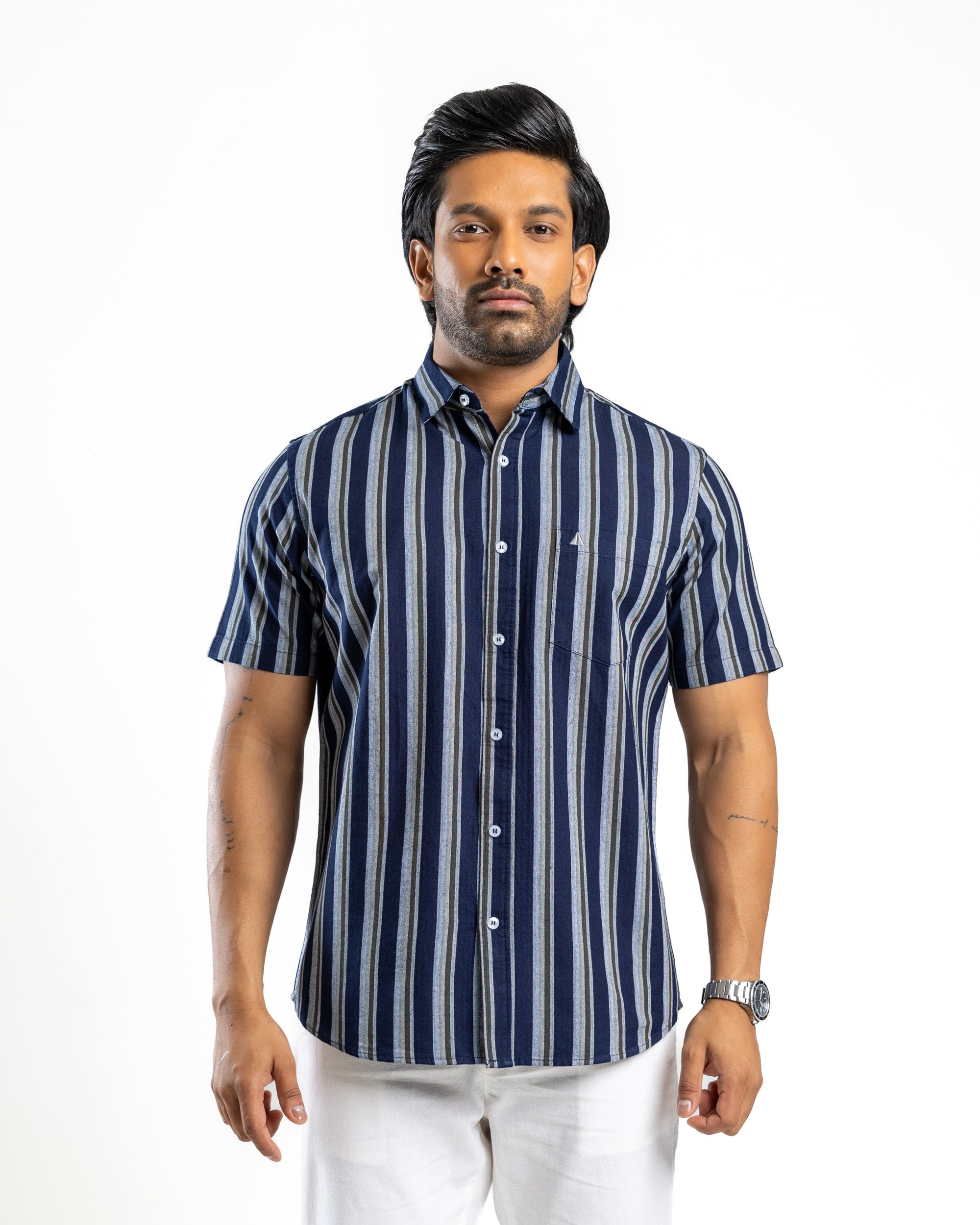 100% COTTON STRIPE Short Sleeve Shirt - Olive