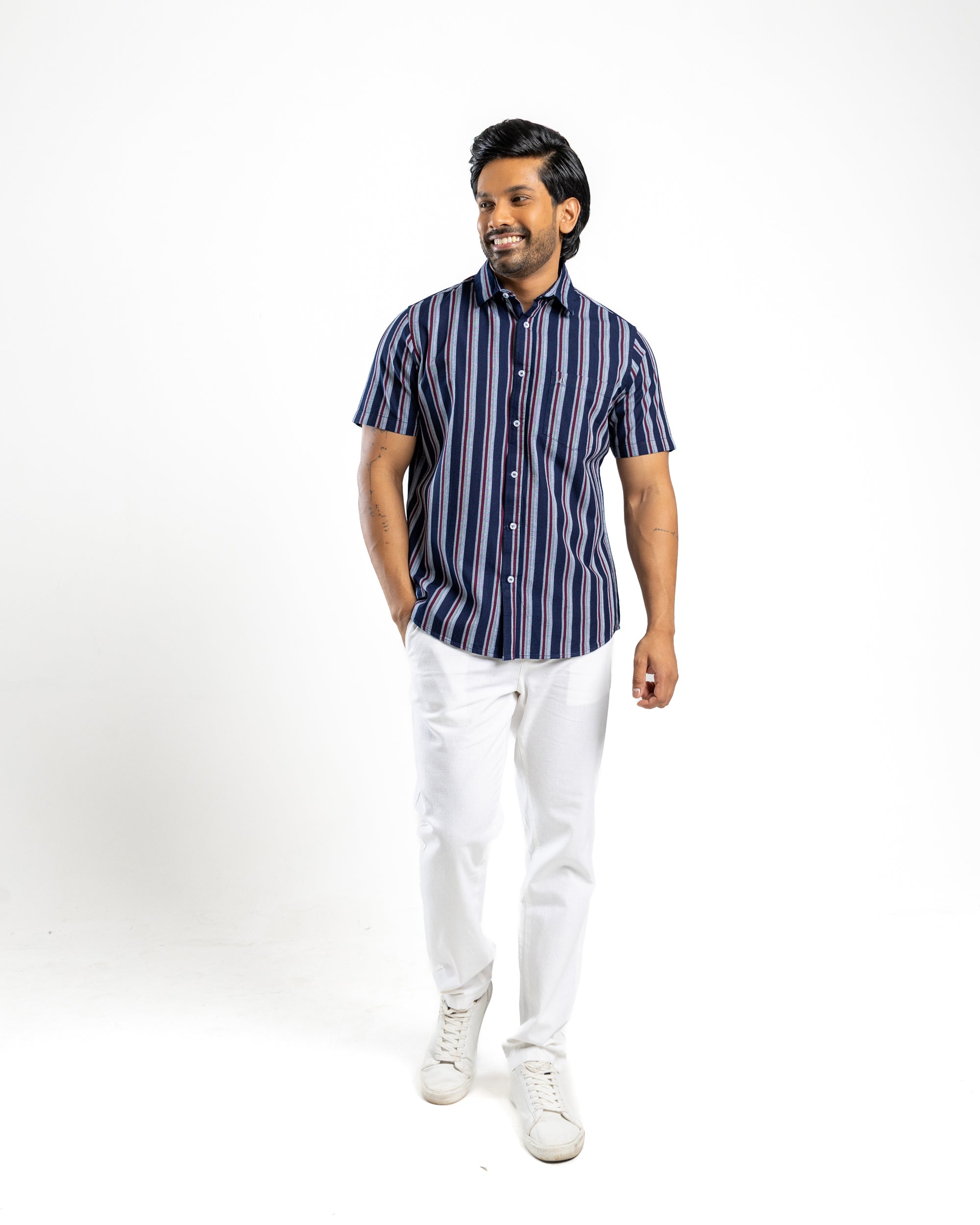 100% COTTON STRIPE Short Sleeve Shirt - Atlantic Blue