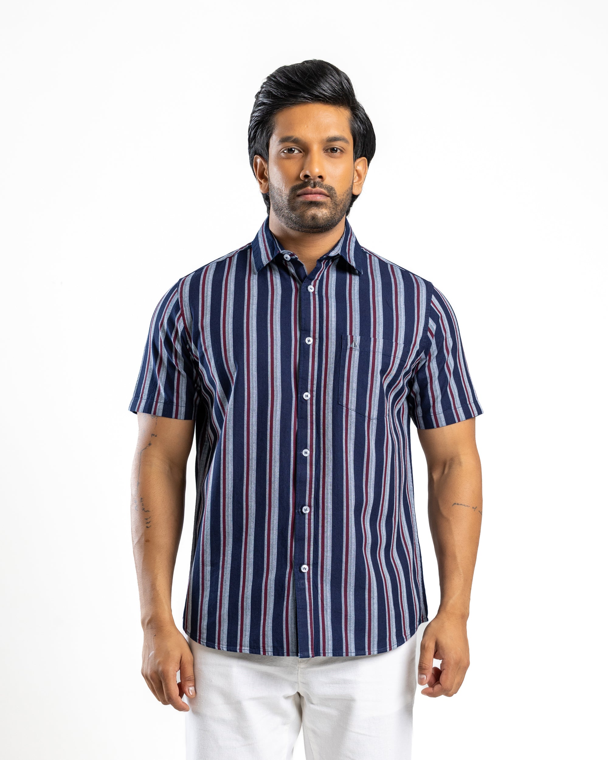 100% COTTON STRIPE Short Sleeve Shirt - Atlantic Blue