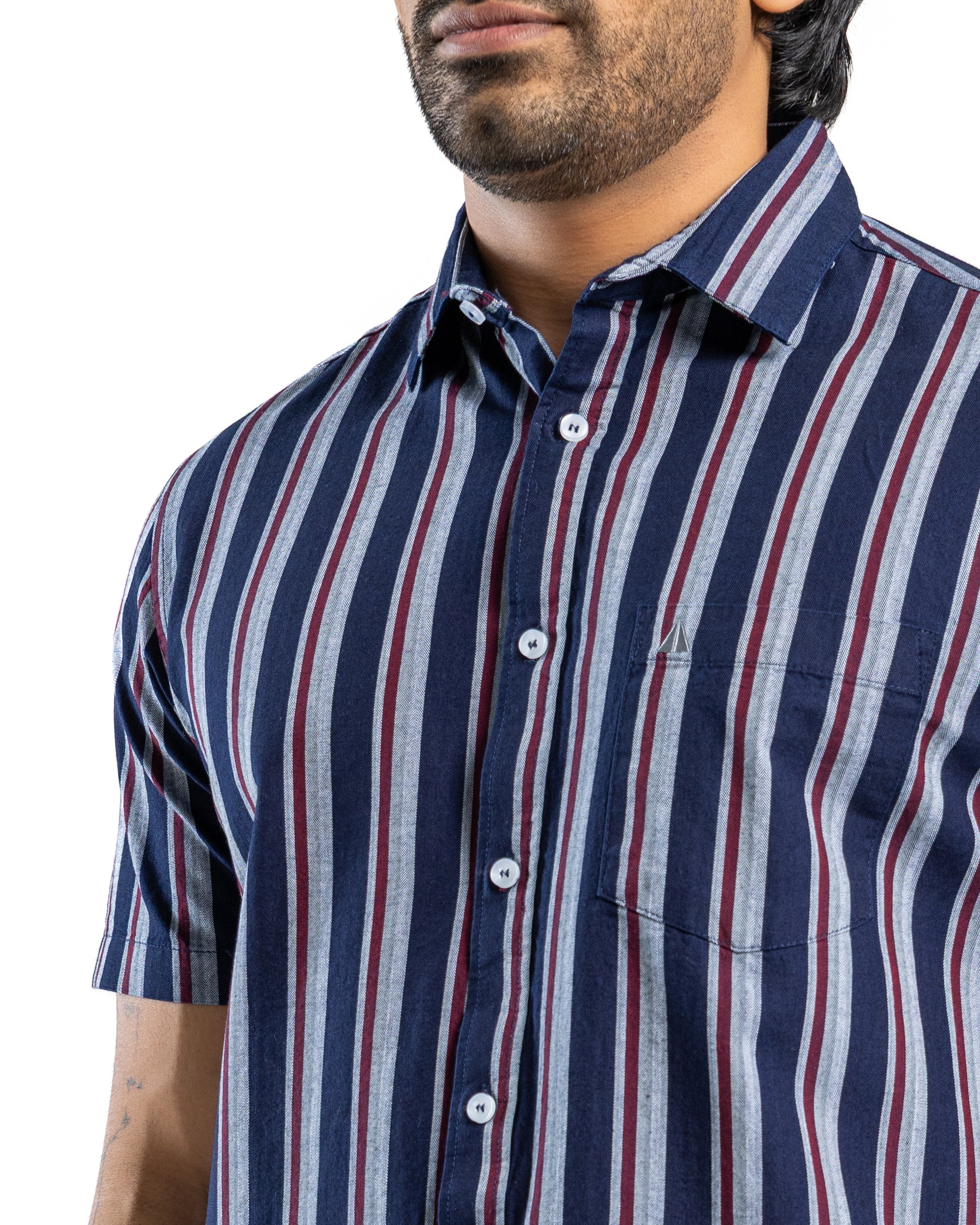 100% COTTON STRIPE Short Sleeve Shirt - Atlantic Blue