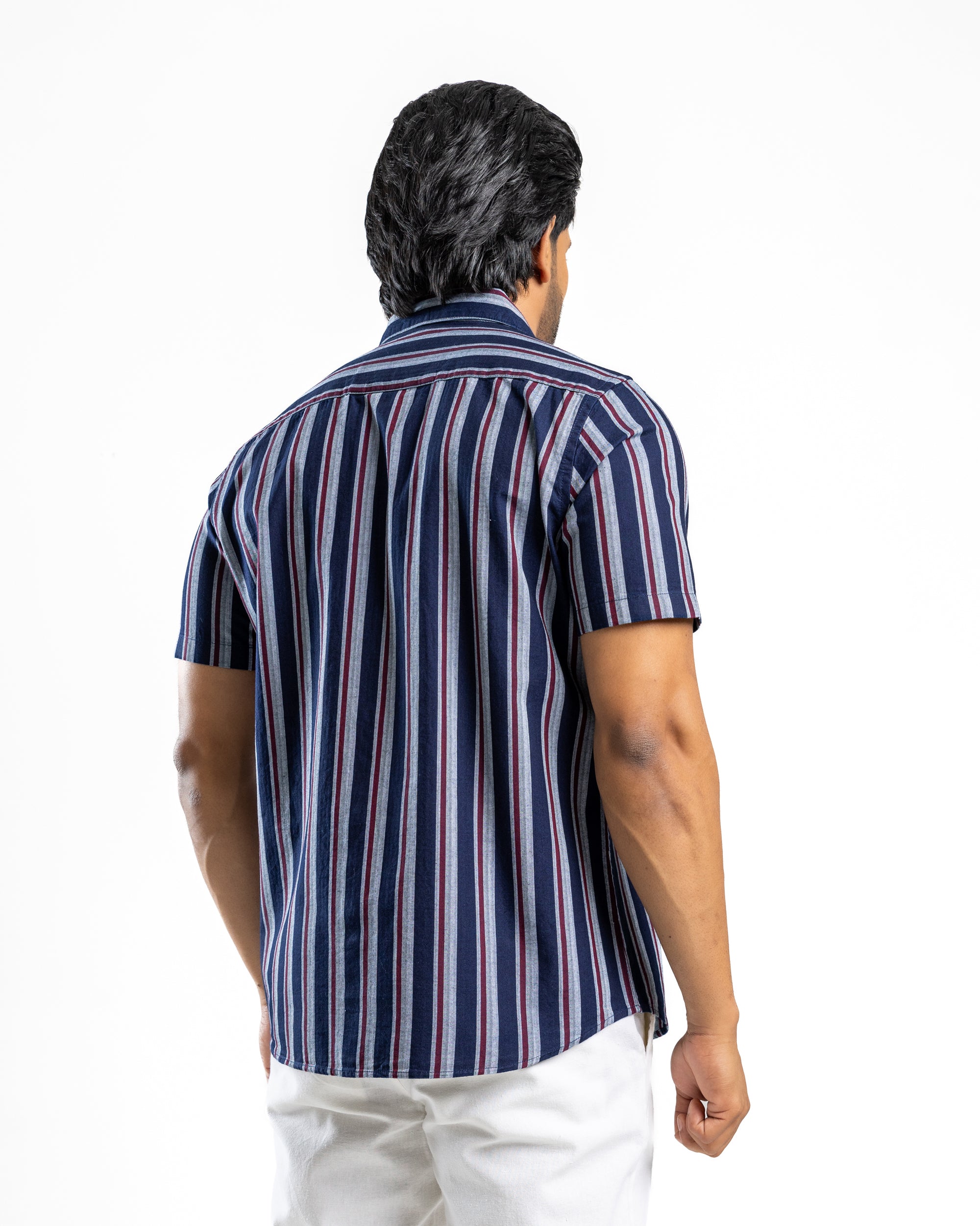 100% COTTON STRIPE Short Sleeve Shirt - Atlantic Blue