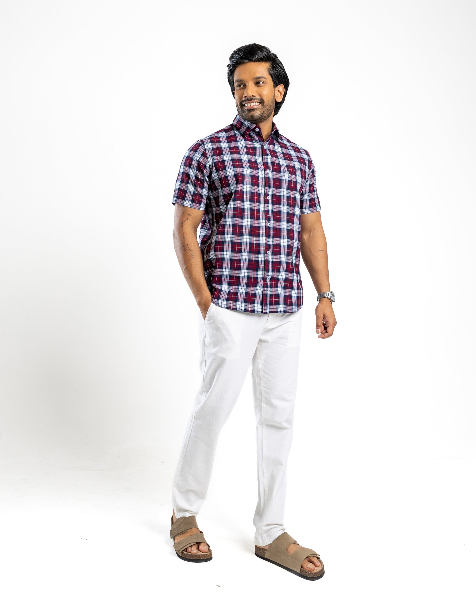 100% COTTON CHECK Short Sleeve Shirt - Maroon