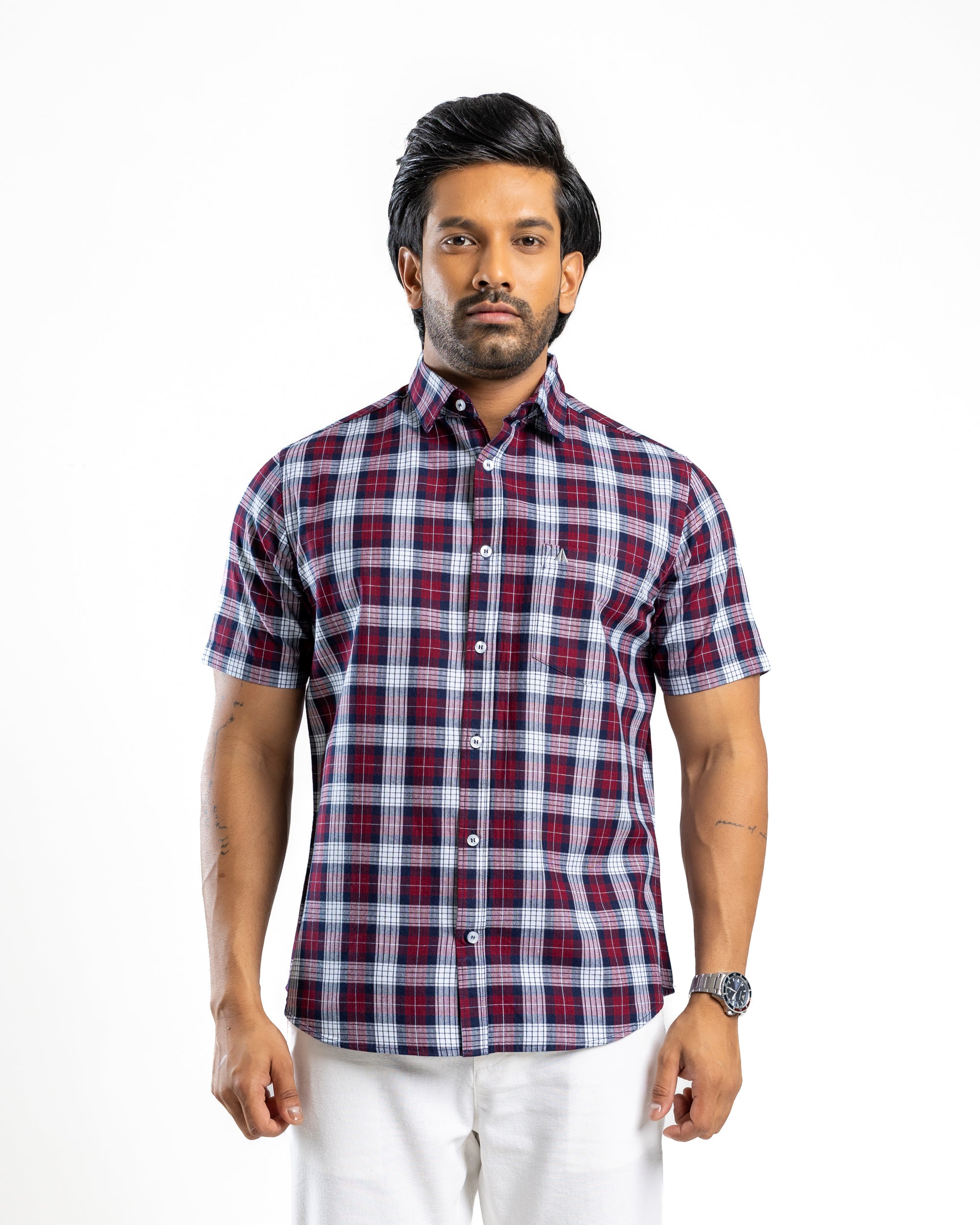100% COTTON CHECK Short Sleeve Shirt - Maroon