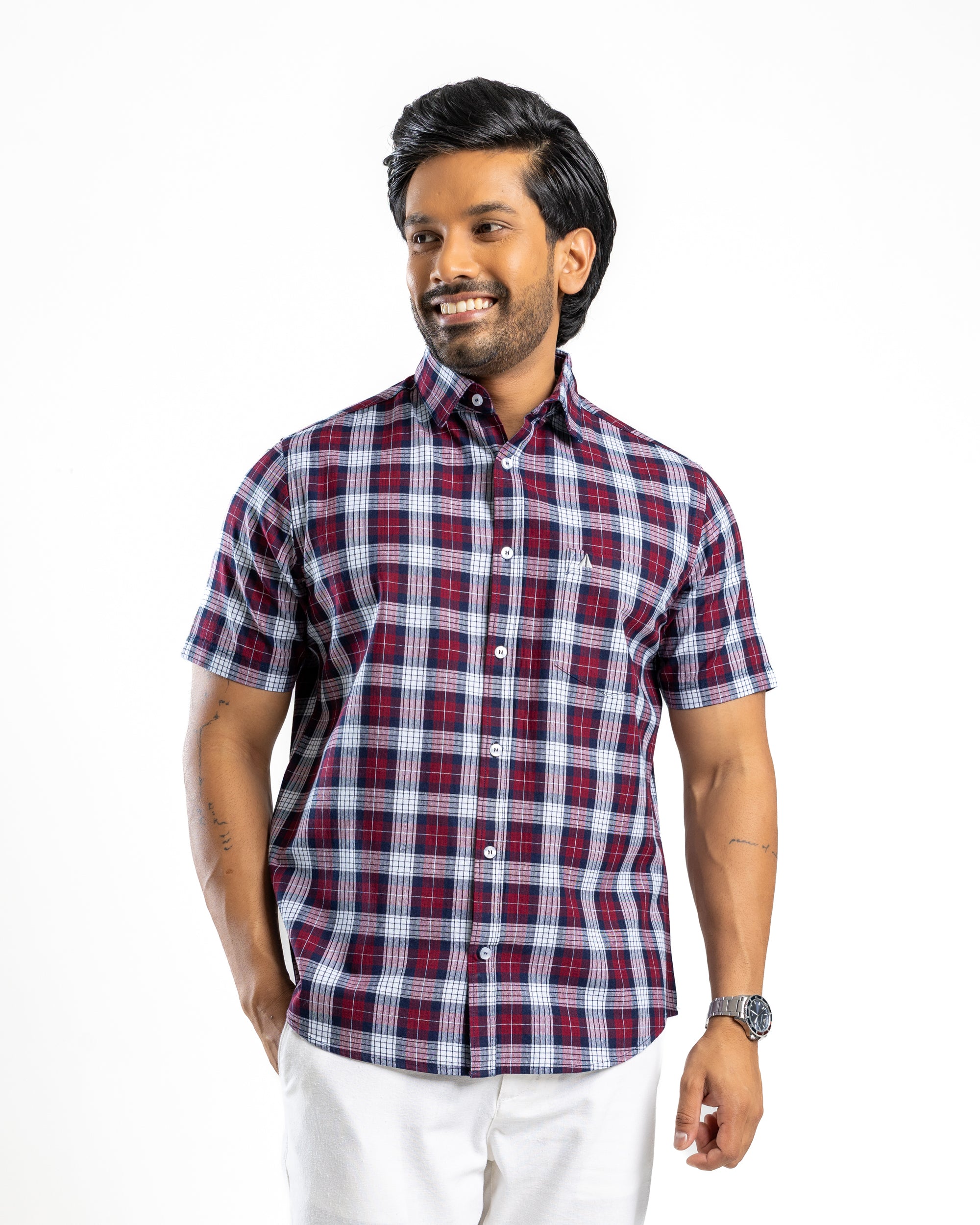 100% COTTON CHECK Short Sleeve Shirt - Maroon