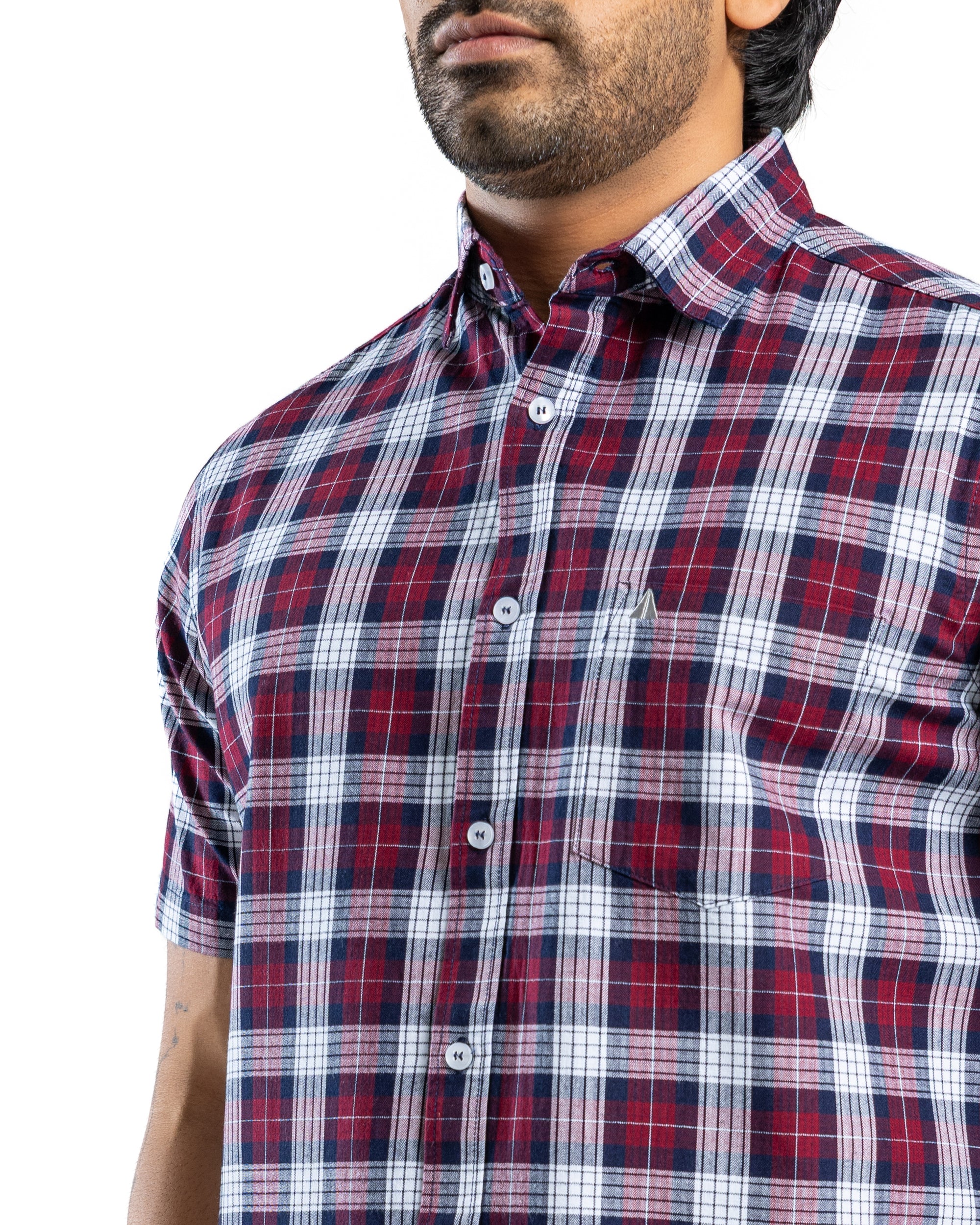 100% COTTON CHECK Short Sleeve Shirt - Maroon