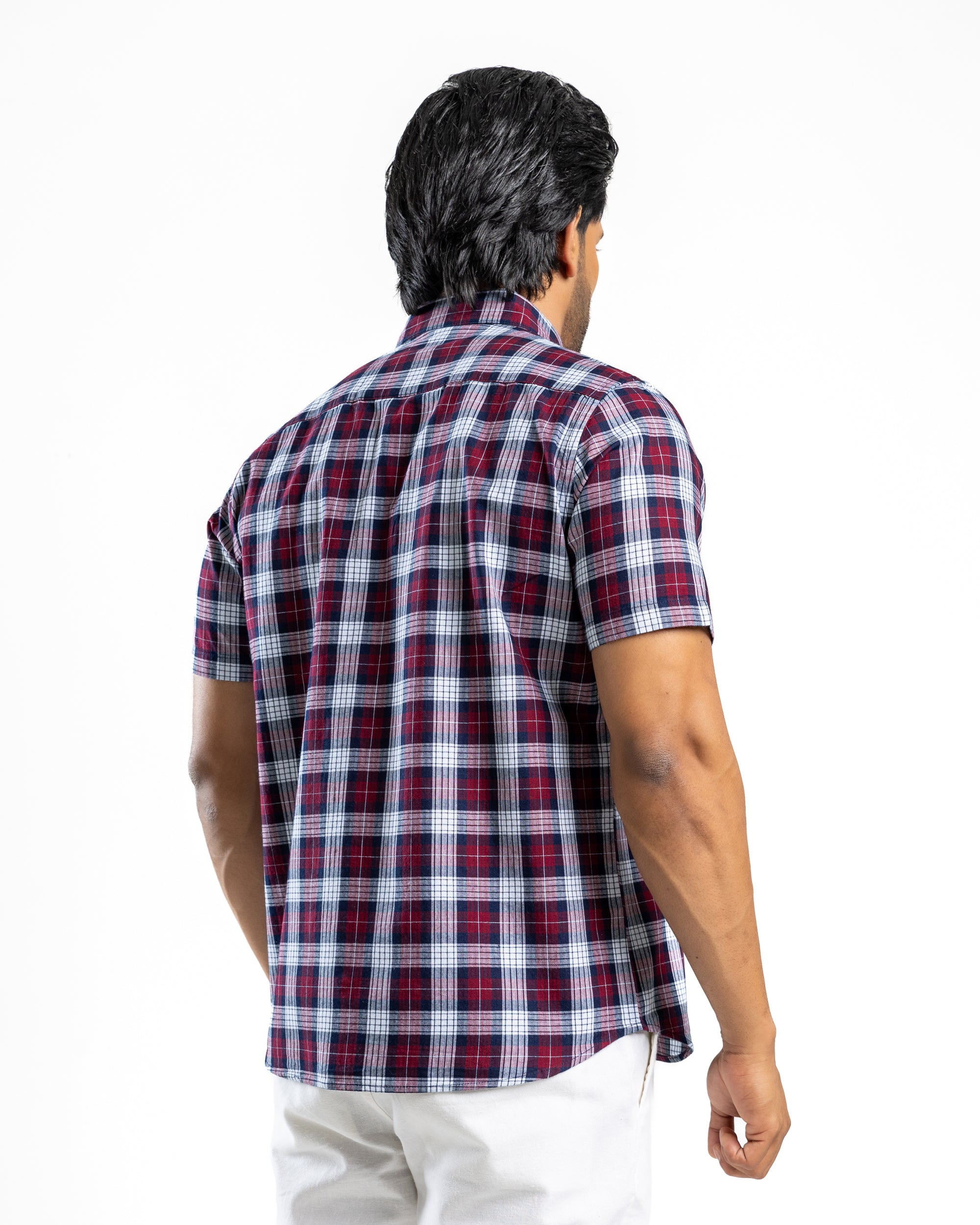 100% COTTON CHECK Short Sleeve Shirt - Maroon