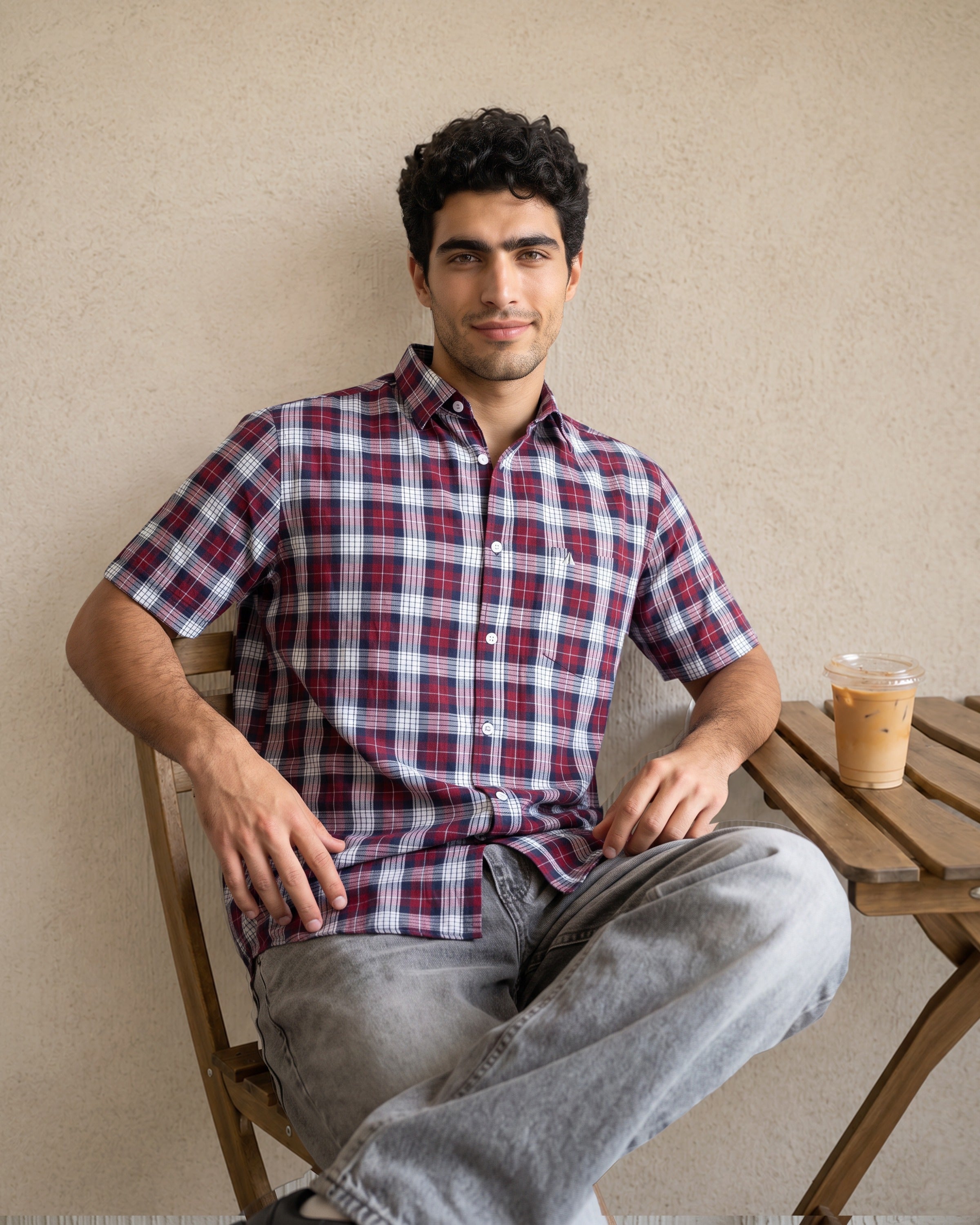 AnationZ Essential Cotton Check Short Sleeve Shirt - Burgundy Reserve Sri Lanka