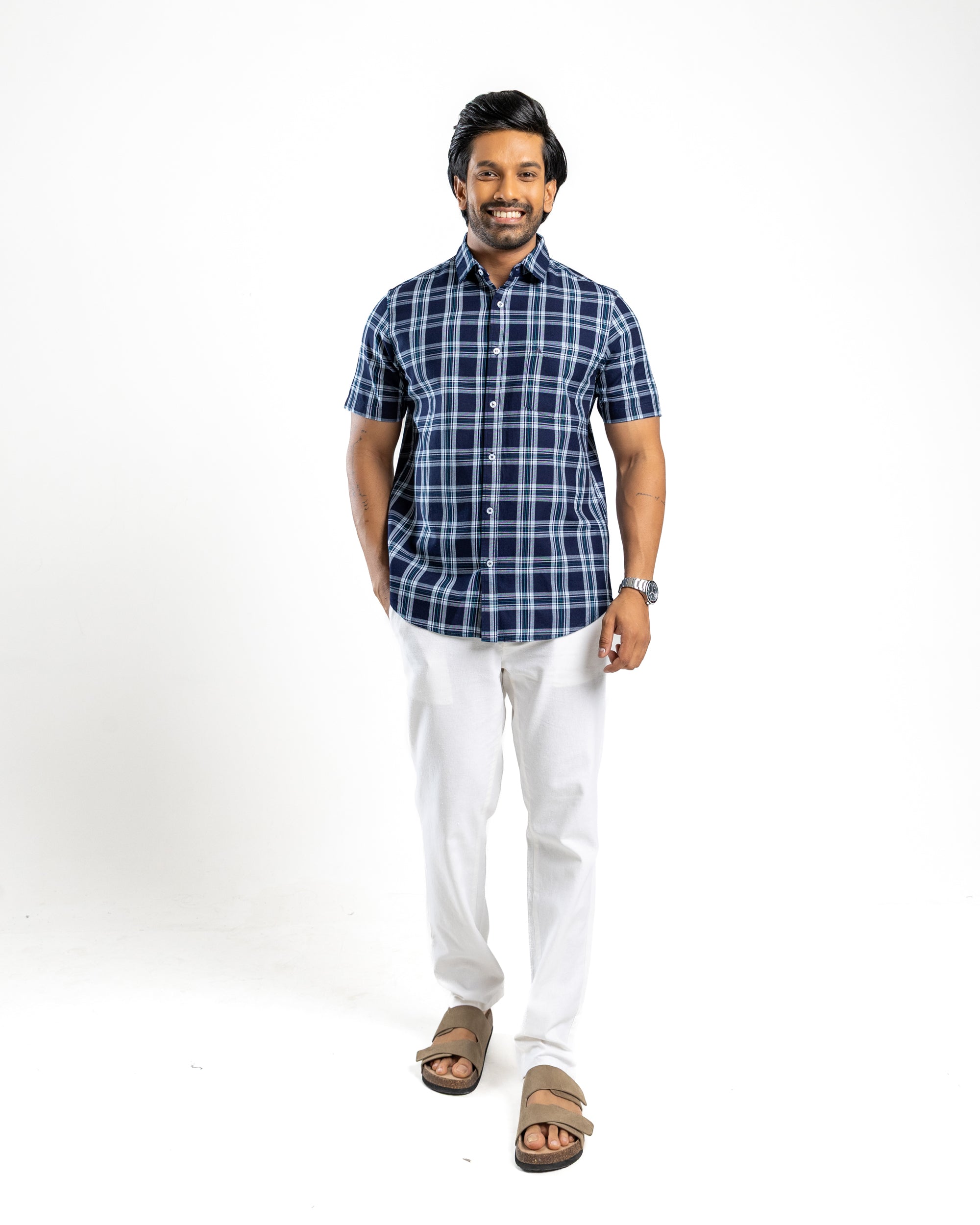 100% COTTON CHECK Short Sleeve Shirt - Atlantic Blue