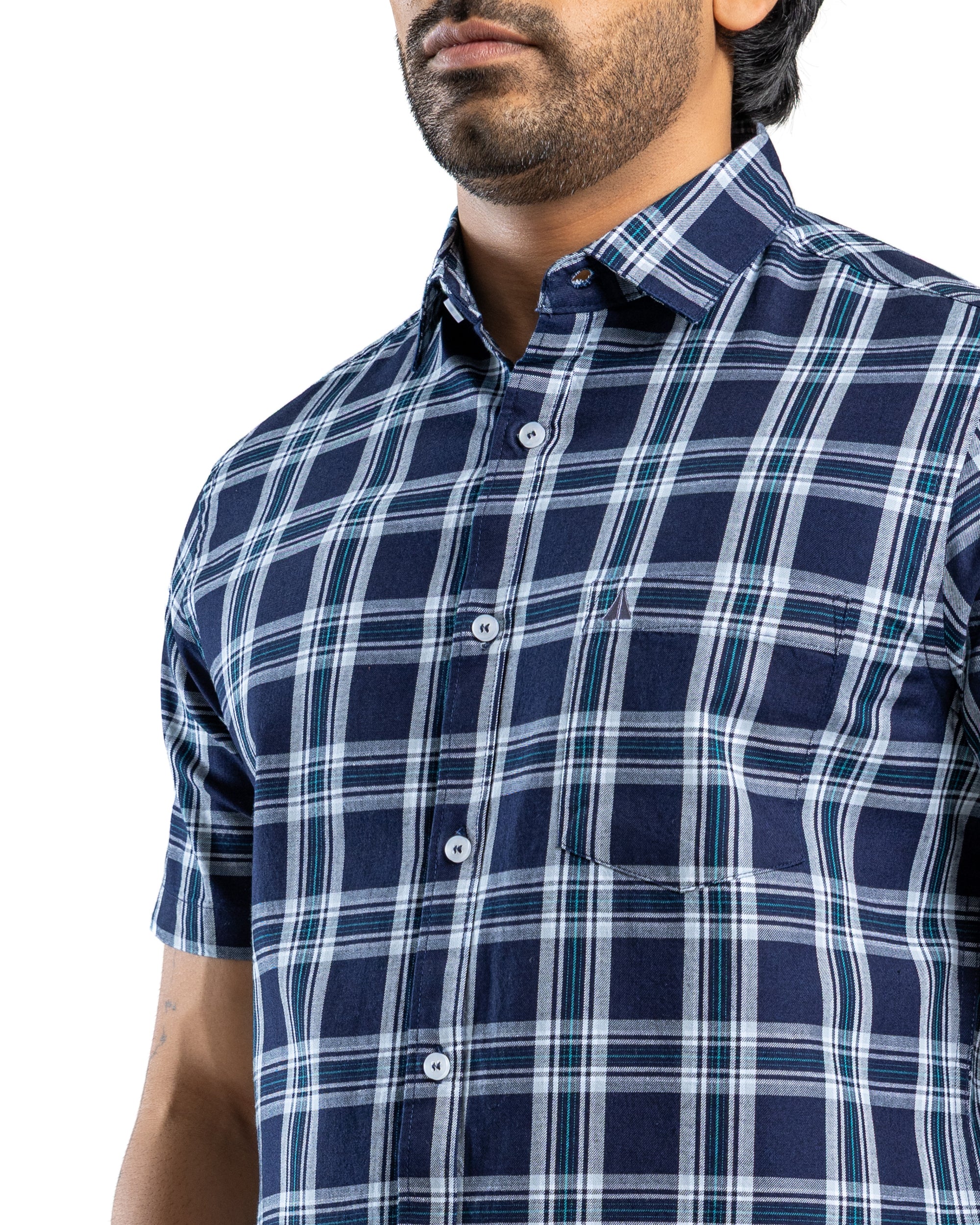 100% COTTON CHECK Short Sleeve Shirt - Atlantic Blue