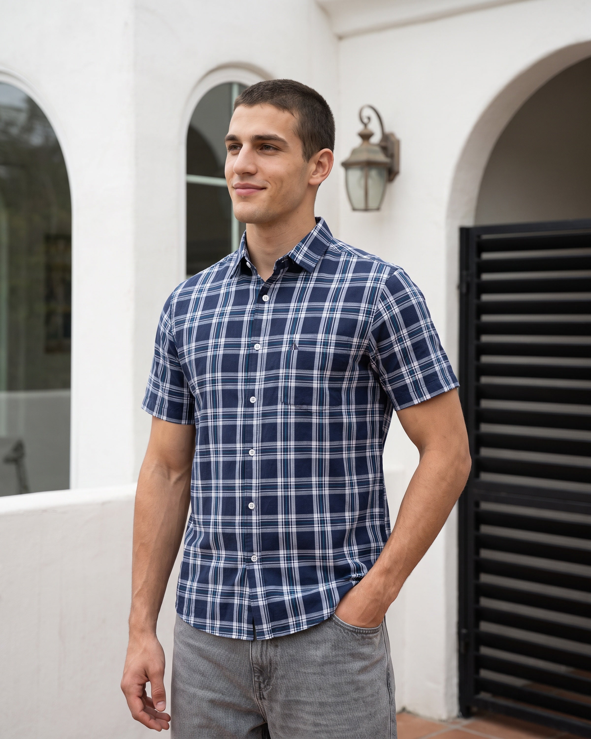 AnationZ Essential Cotton Check Short Sleeve Shirt - Atlantic Blue Sri Lanka