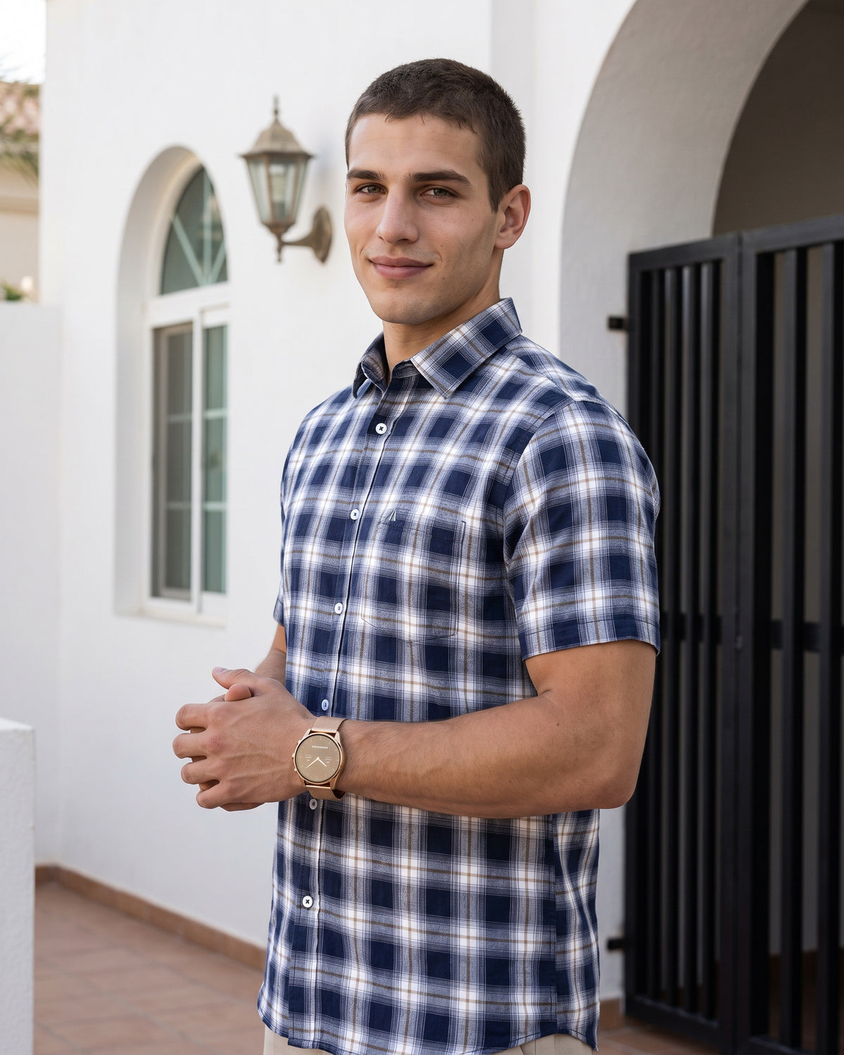 AnationZ Essential Cotton Check Short Sleeve Shirt - Desert Khaki Sri Lanka