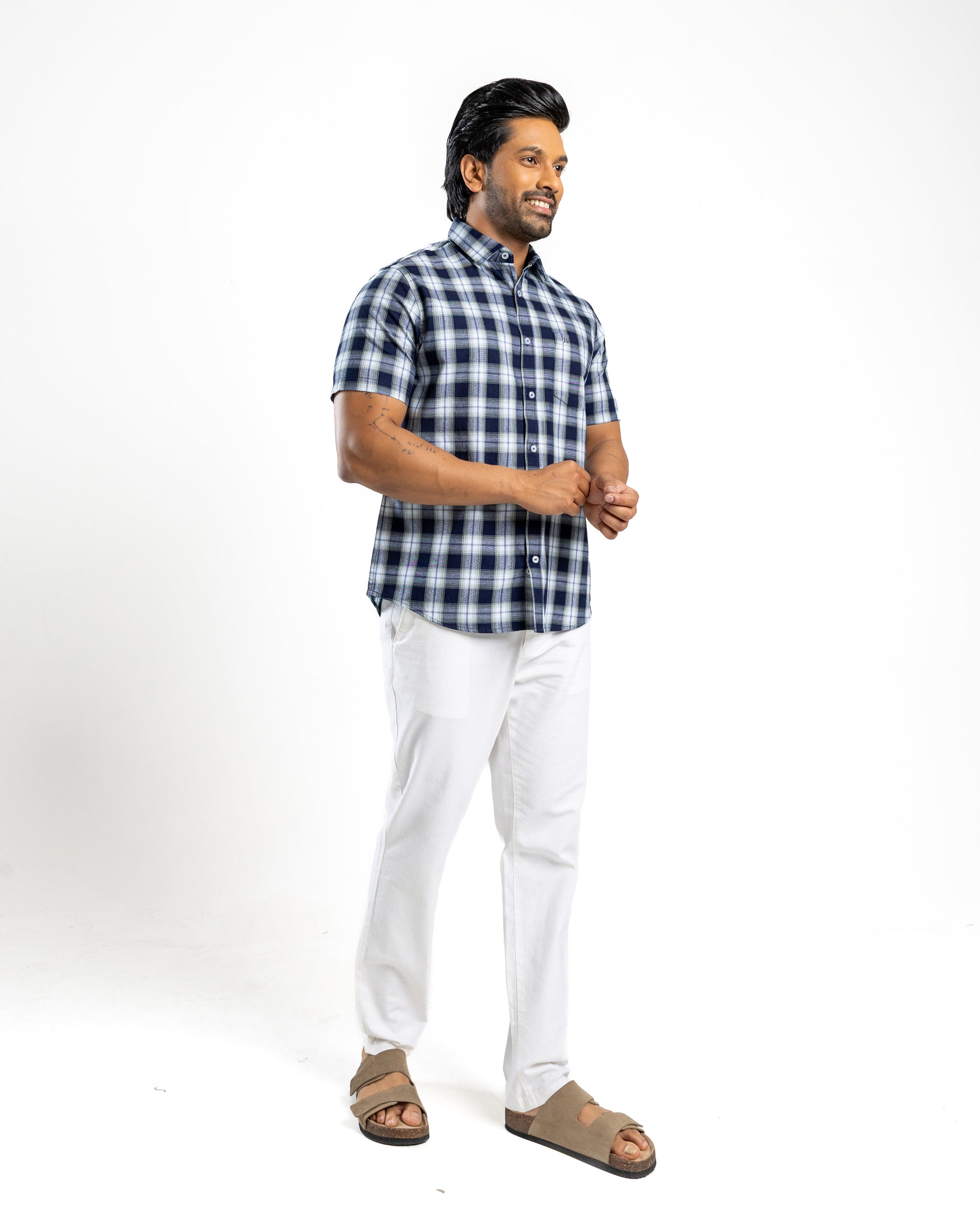 100% COTTON CHECK Short Sleeve Shirt - Light Green