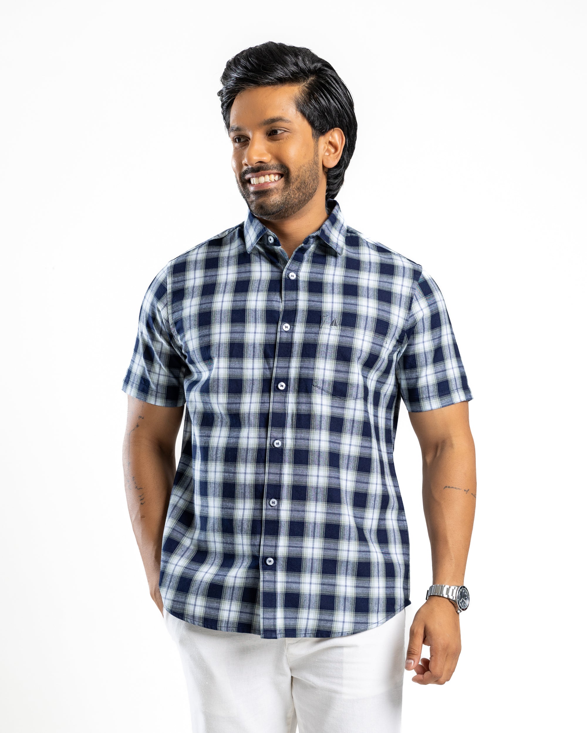 100% COTTON CHECK Short Sleeve Shirt - Light Green
