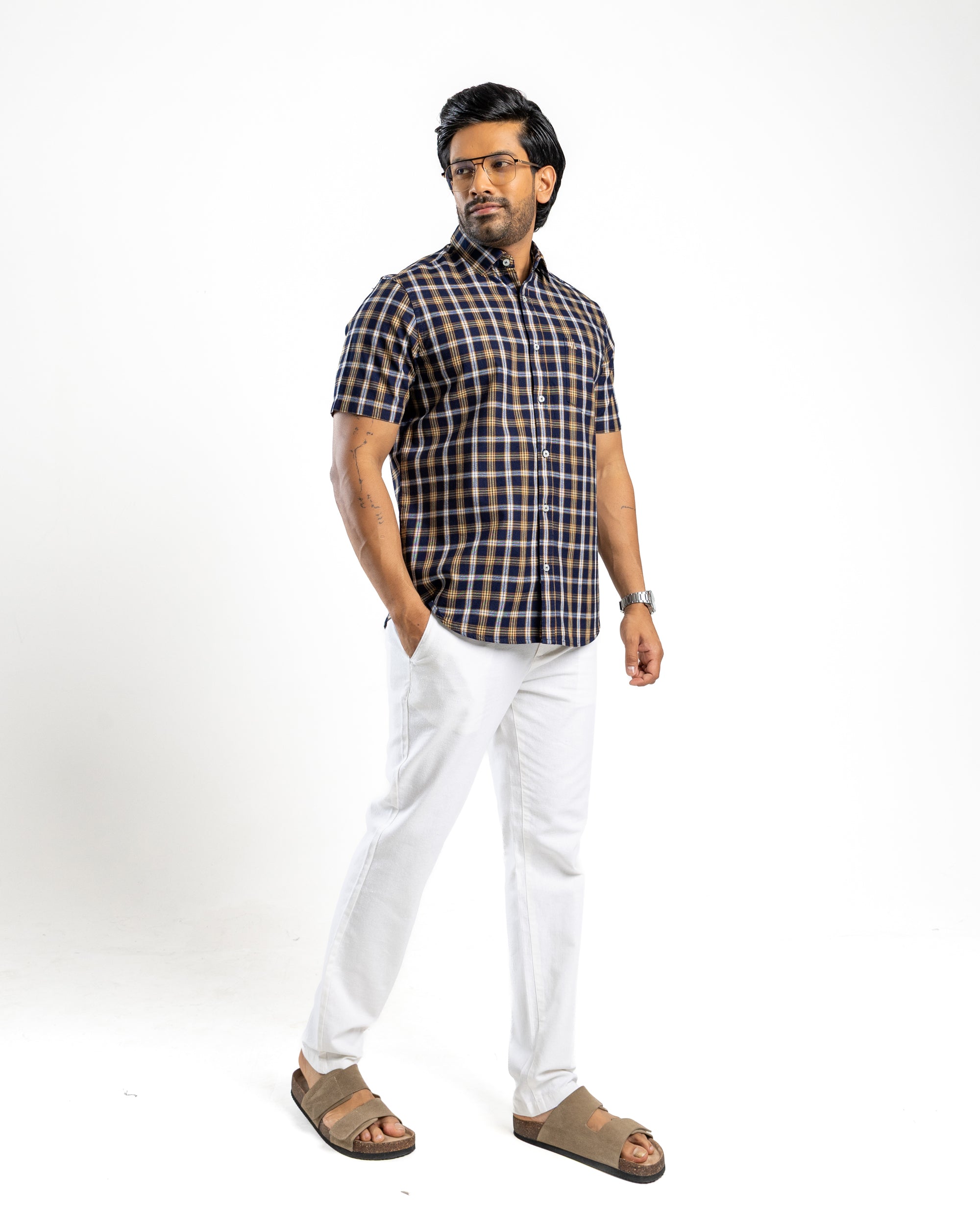 100% COTTON CHECK Short Sleeve Shirt - Light Brown