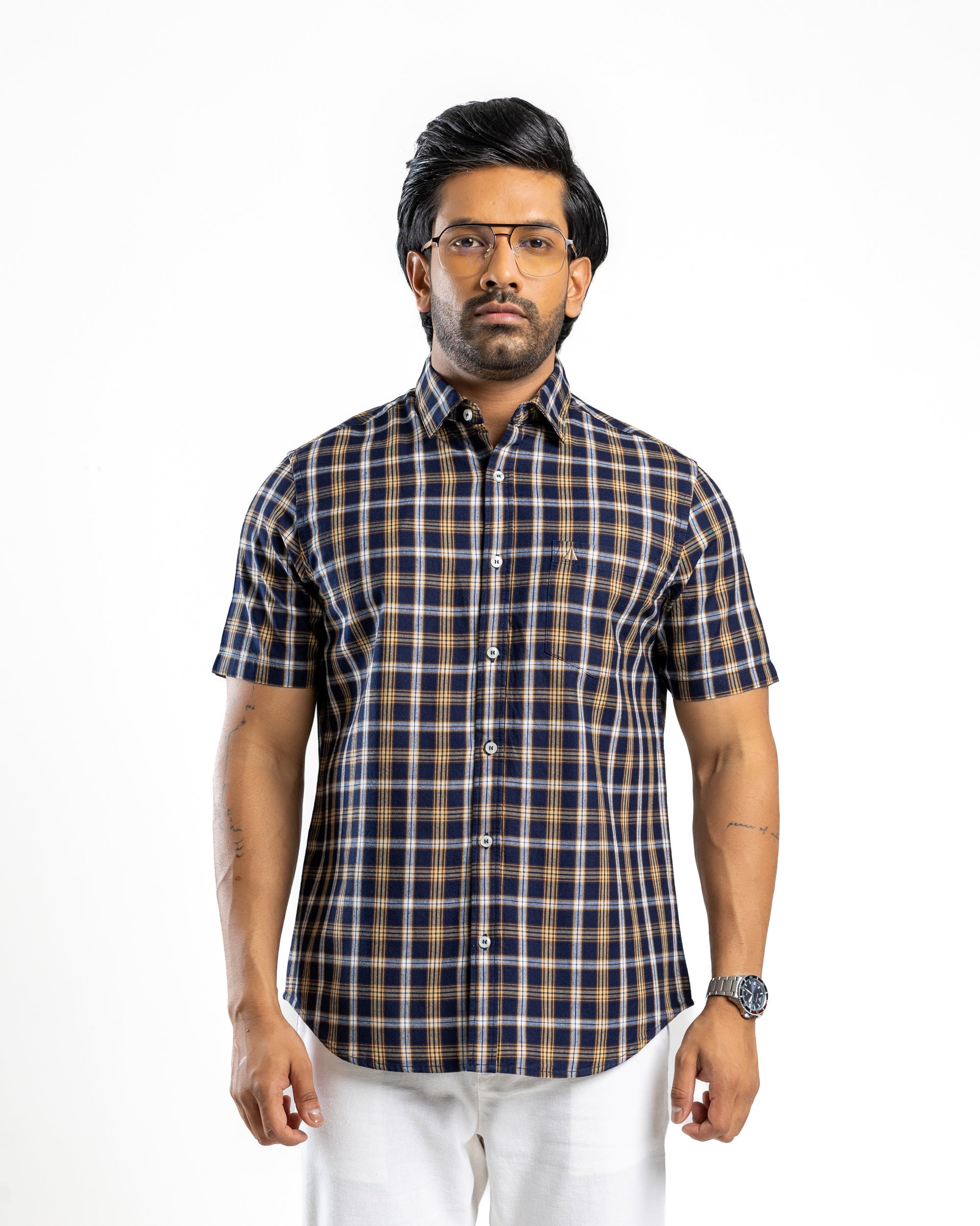100% COTTON CHECK Short Sleeve Shirt - Light Brown