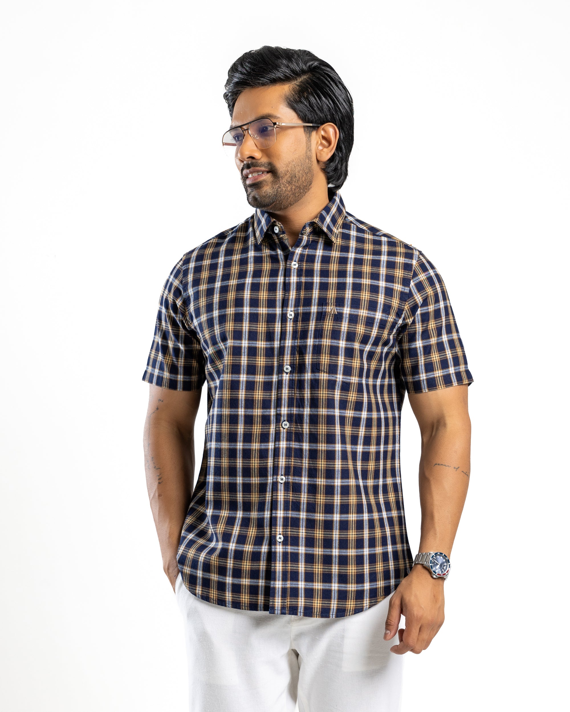 100% COTTON CHECK Short Sleeve Shirt - Light Brown