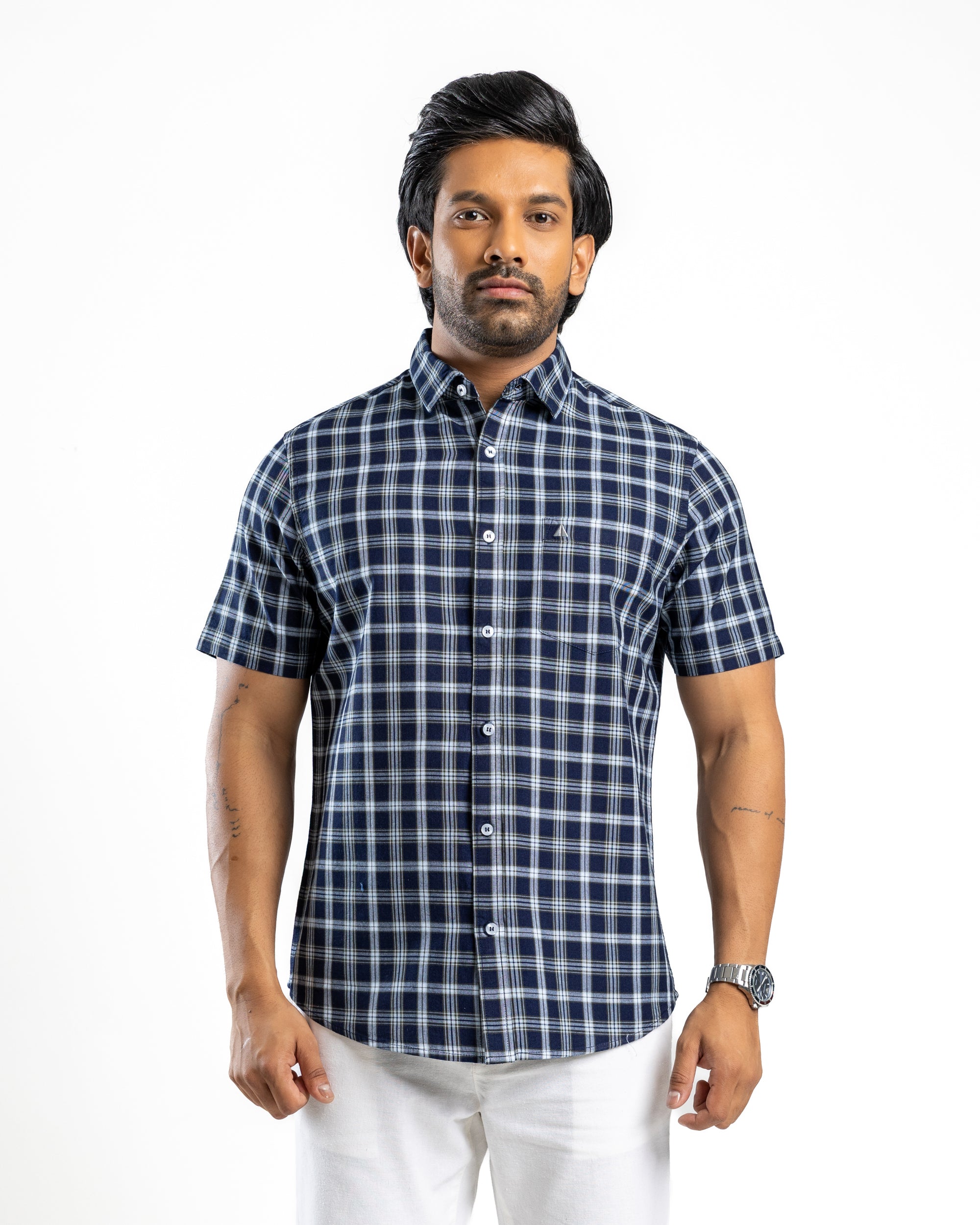 100% COTTON CHECK Short Sleeve Shirt - Dark Green