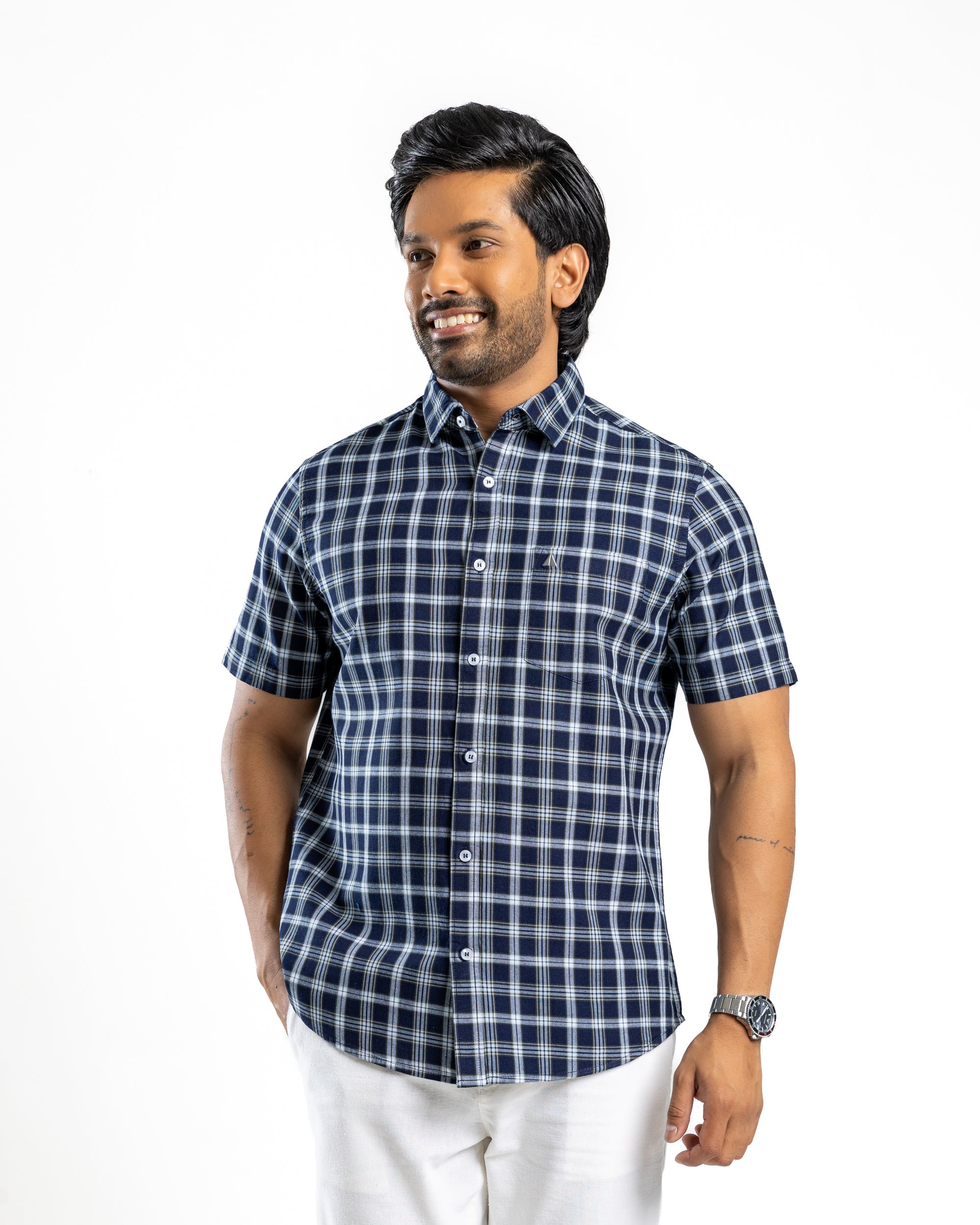 100% COTTON CHECK Short Sleeve Shirt - Dark Green