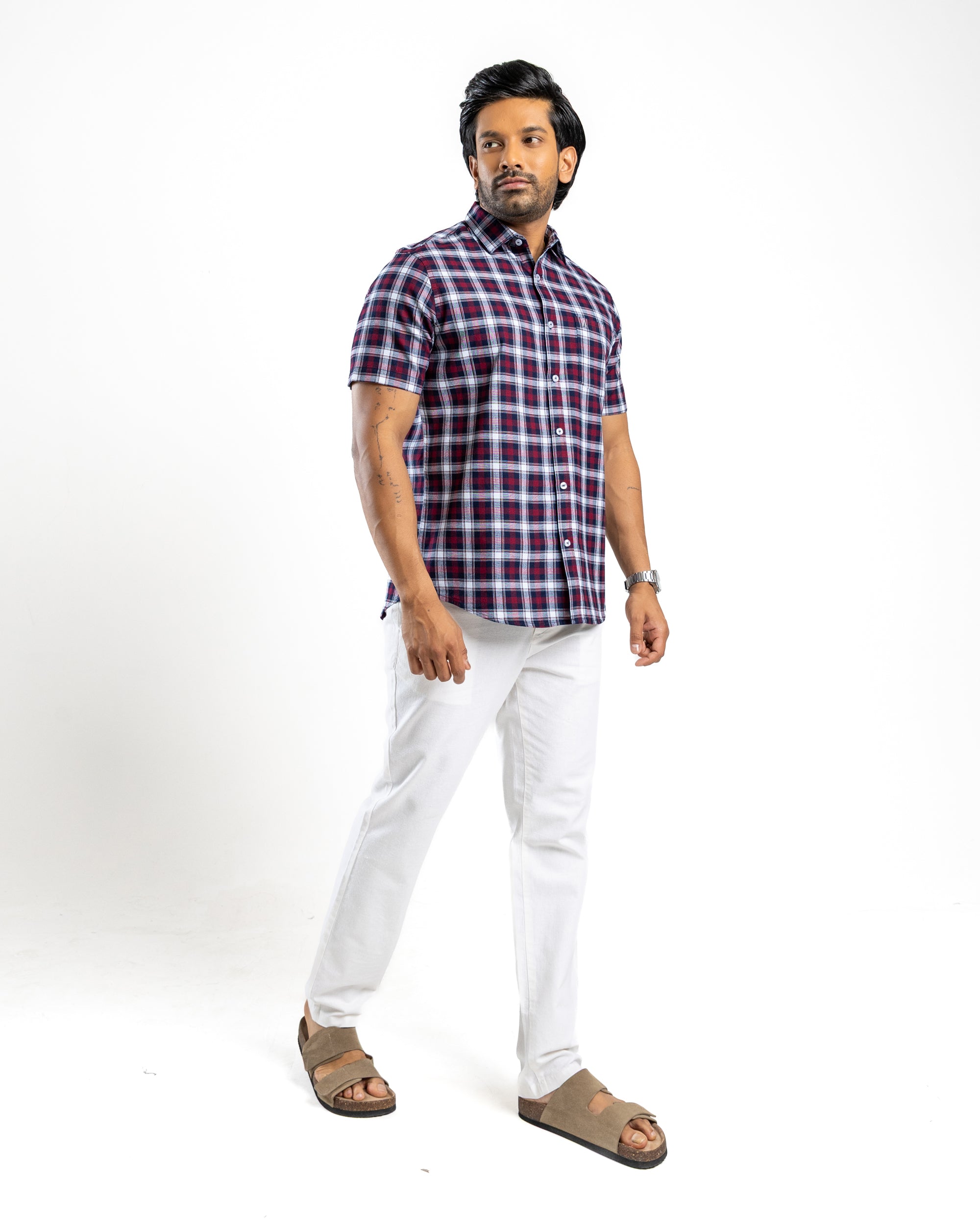 100% COTTON CHECK Short Sleeve Shirt- Dark Red