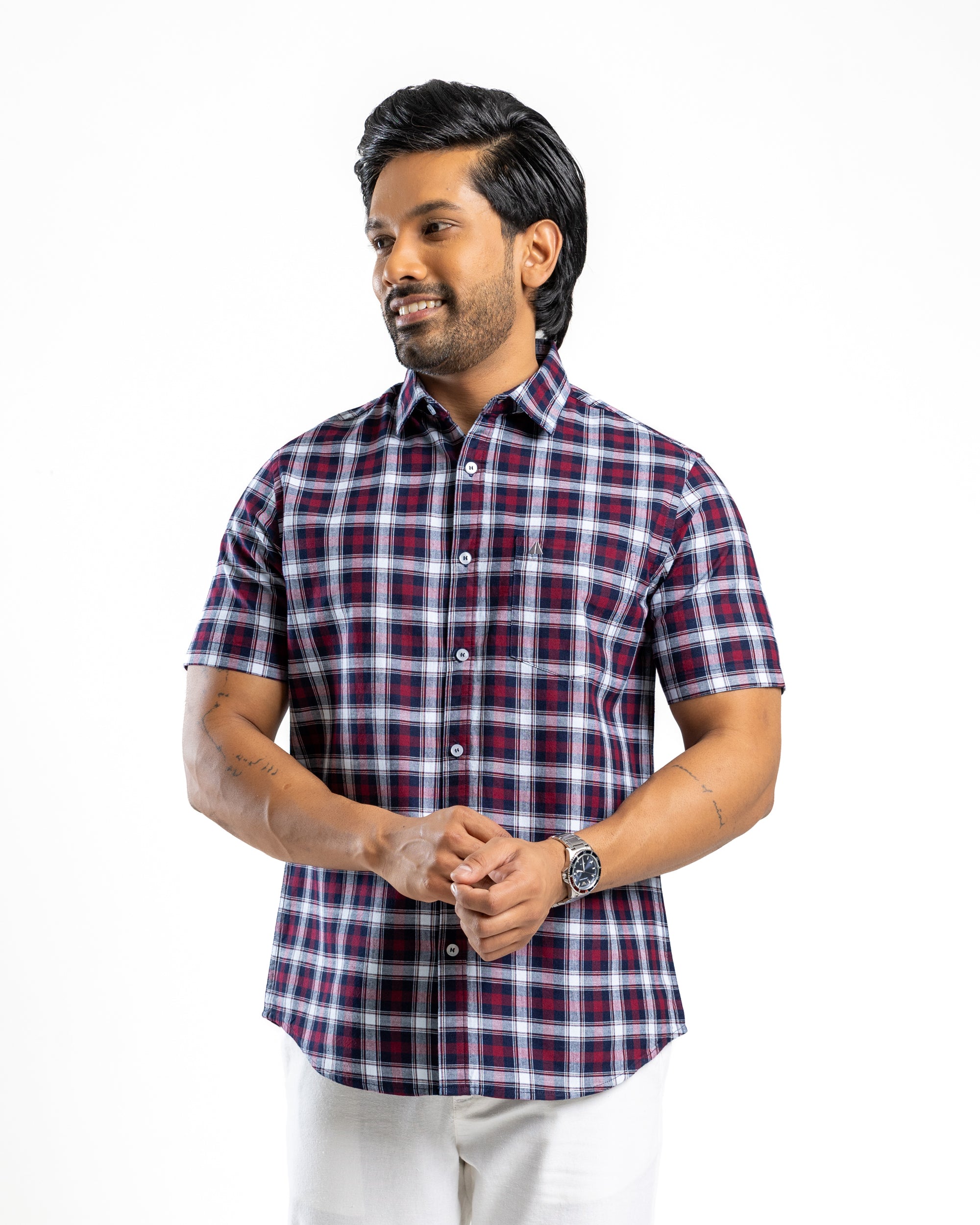 100% COTTON CHECK Short Sleeve Shirt- Dark Red