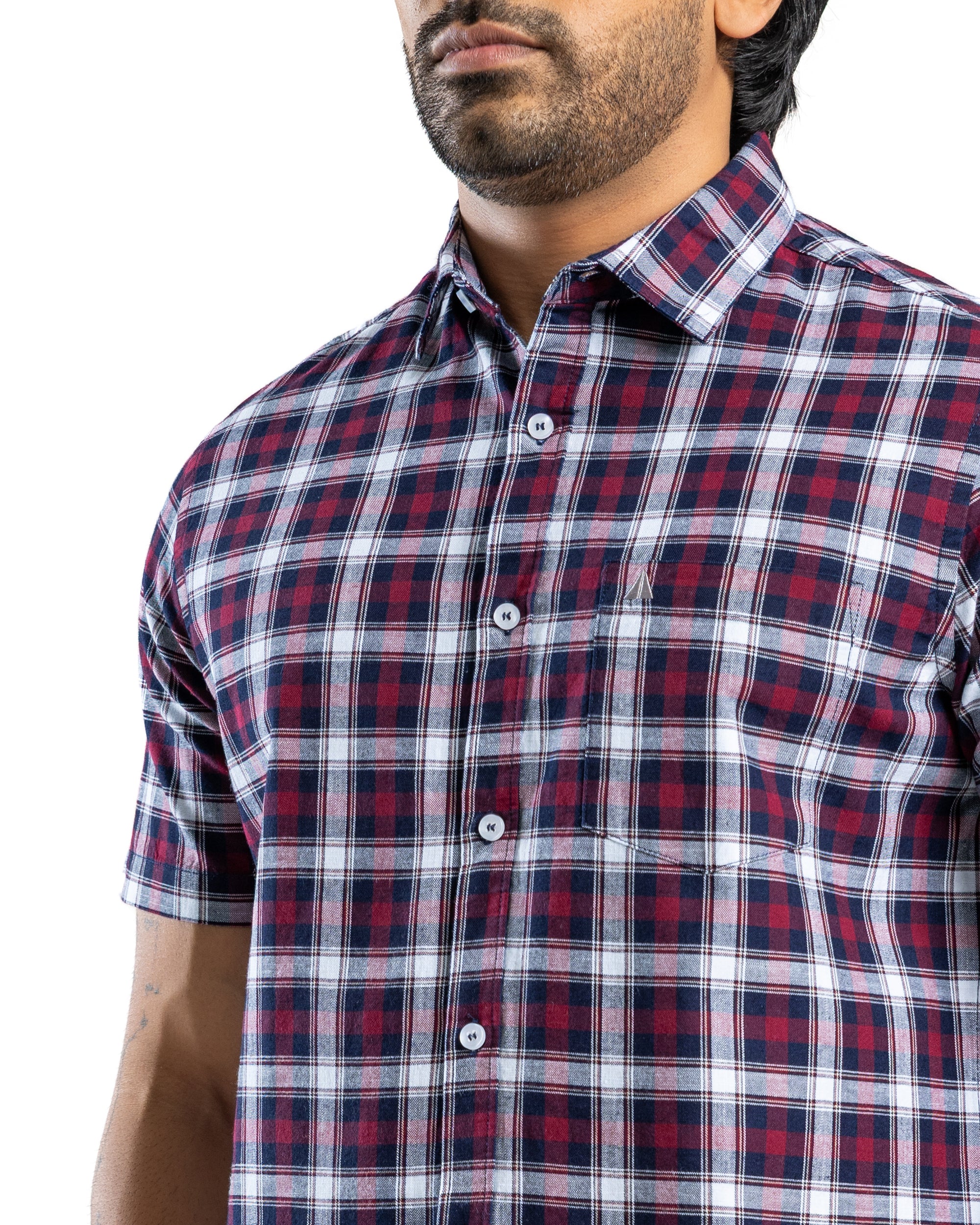 100% COTTON CHECK Short Sleeve Shirt- Dark Red