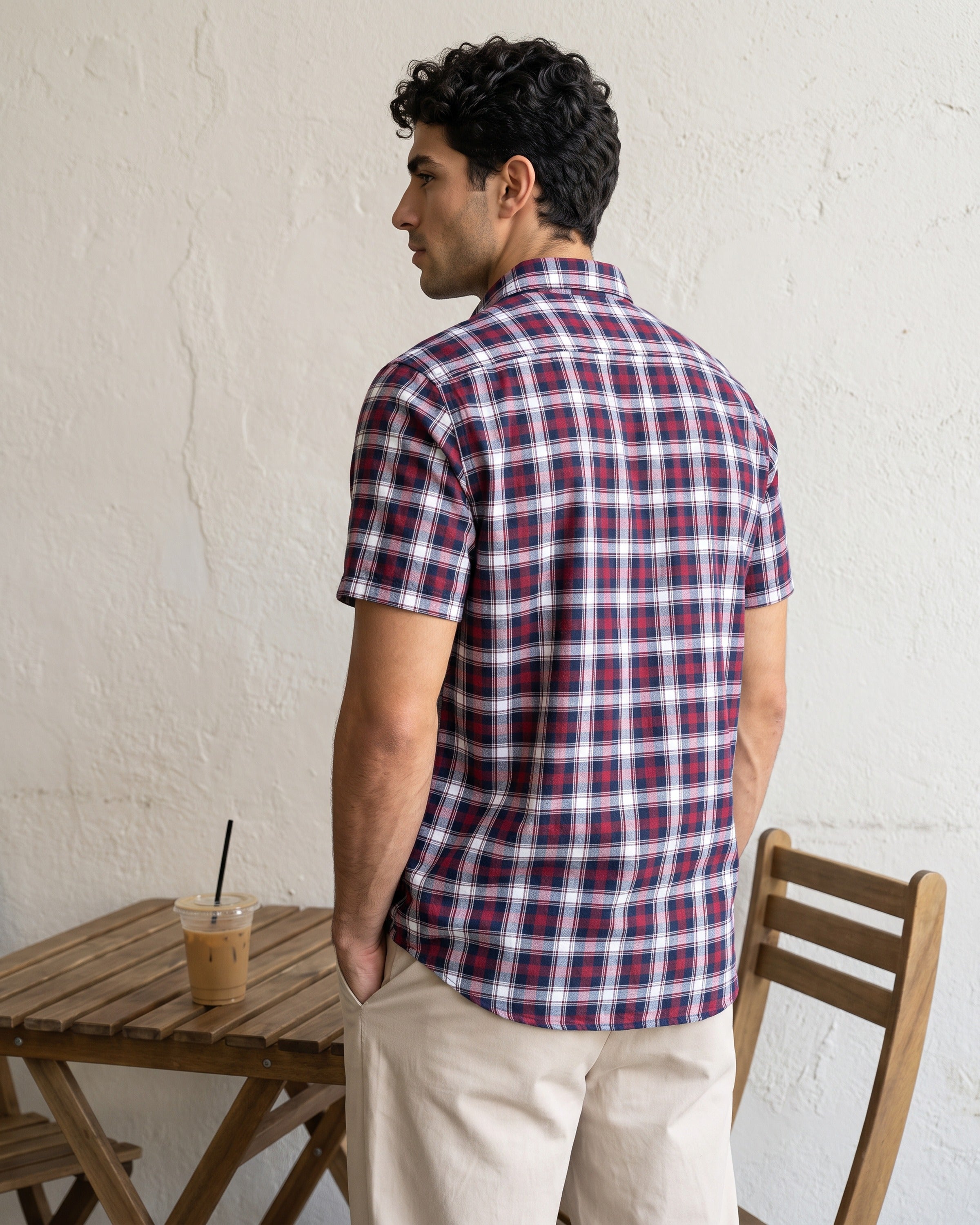 AnationZ Essential Cotton Check Short Sleeve Shirt - Burgundy Reserve Sri Lanka