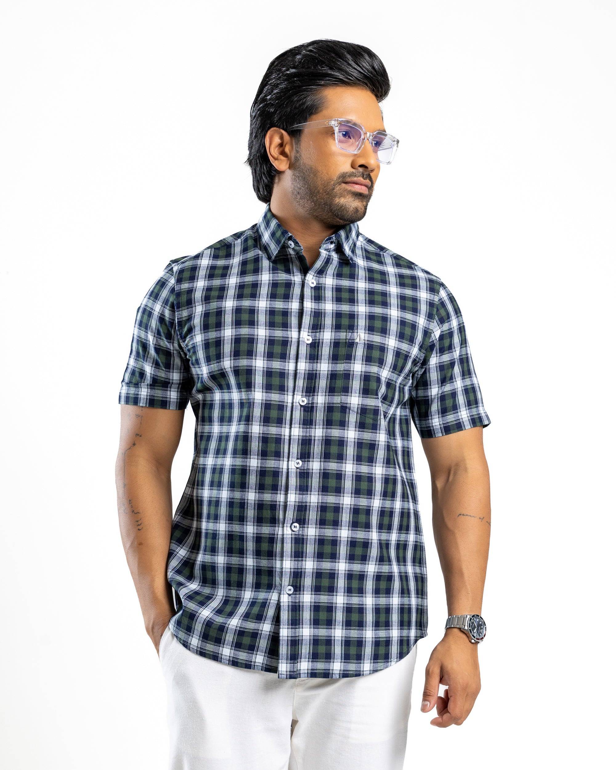 100% COTTON CHECK Short Sleeve Shirt - Forest Pine