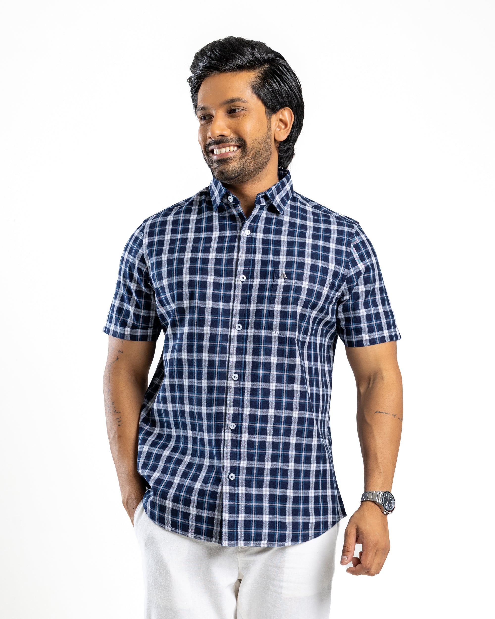 100% COTTON CHECK Short Sleeve Shirt - Deep Ocean Navy