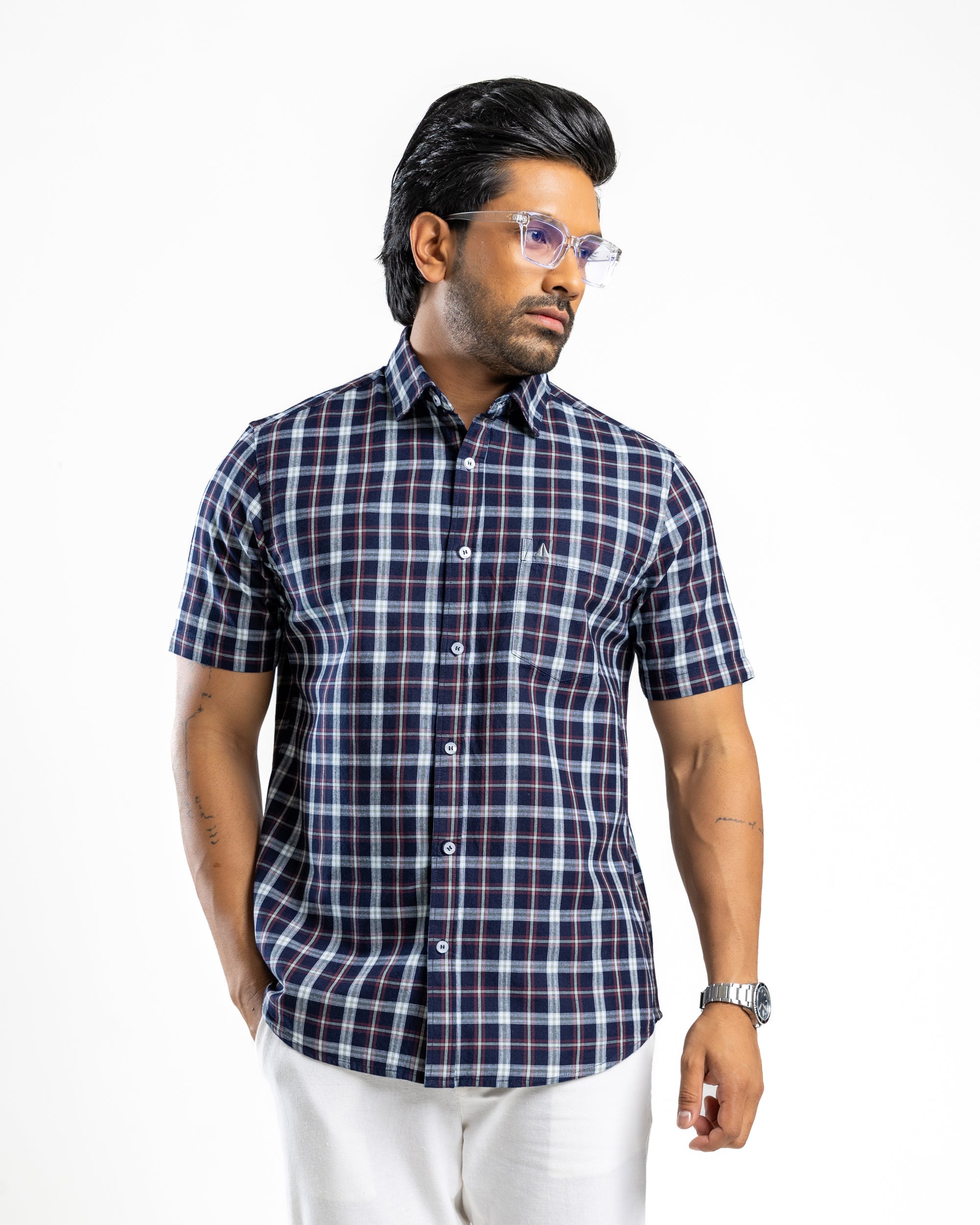 100% COTTON CHECK Short Sleeve Shirt - Moss Green
