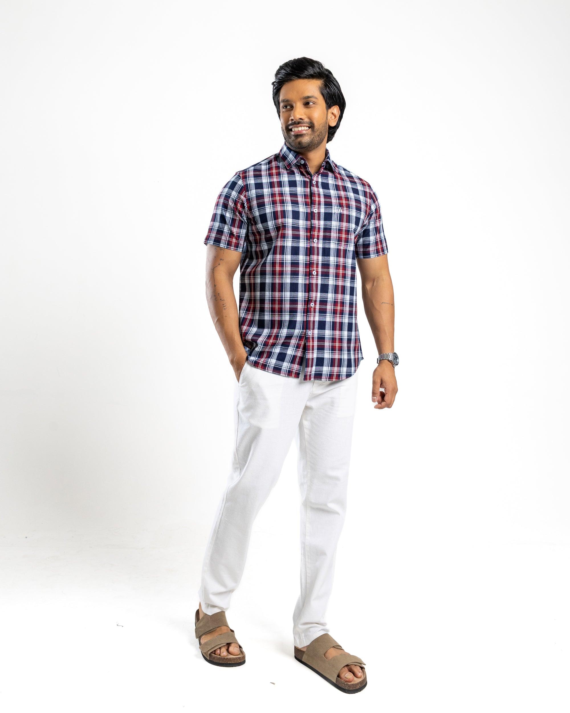 100% COTTON CHECK Short Sleeve Shirt- Maroon