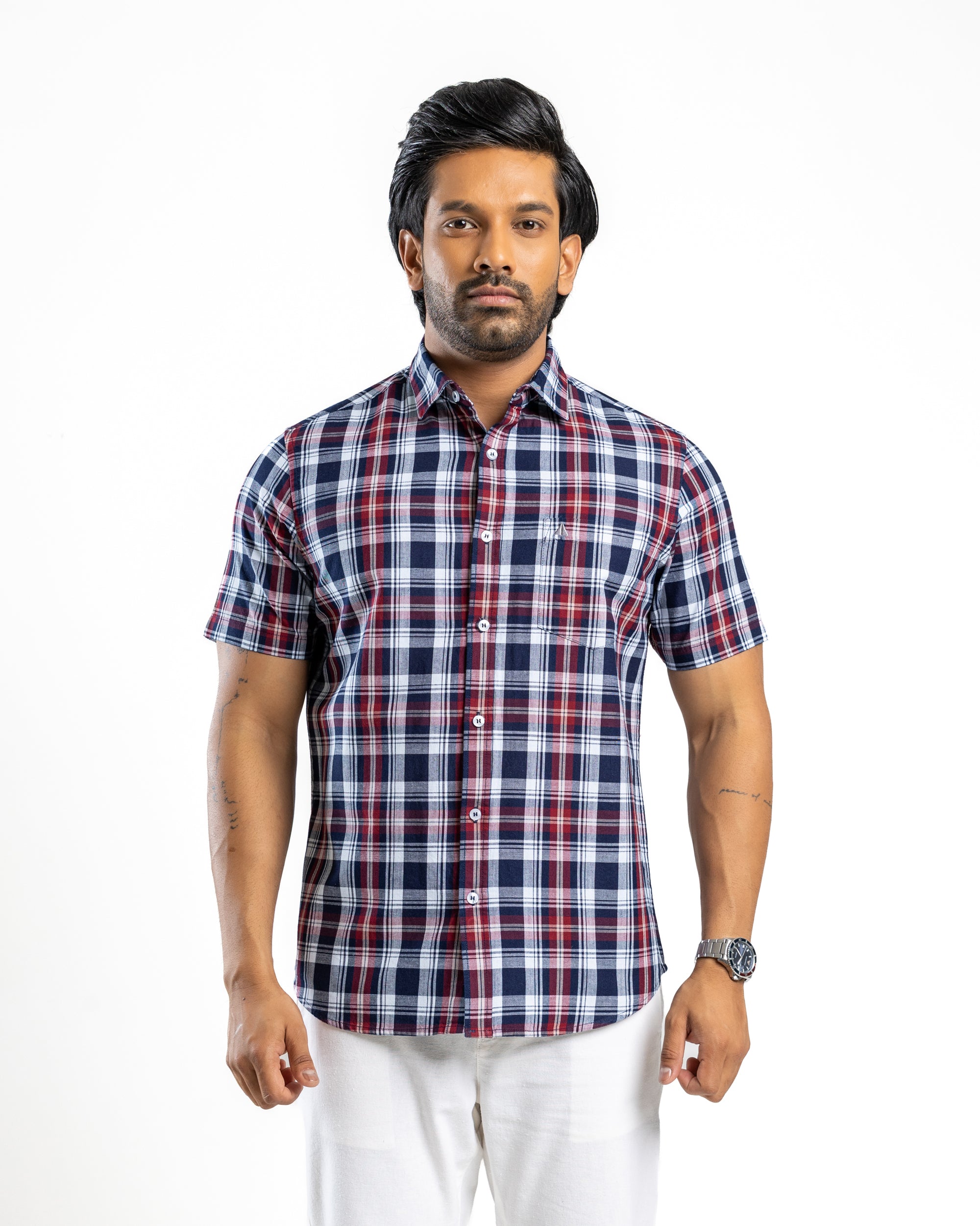 100% COTTON CHECK Short Sleeve Shirt- Maroon