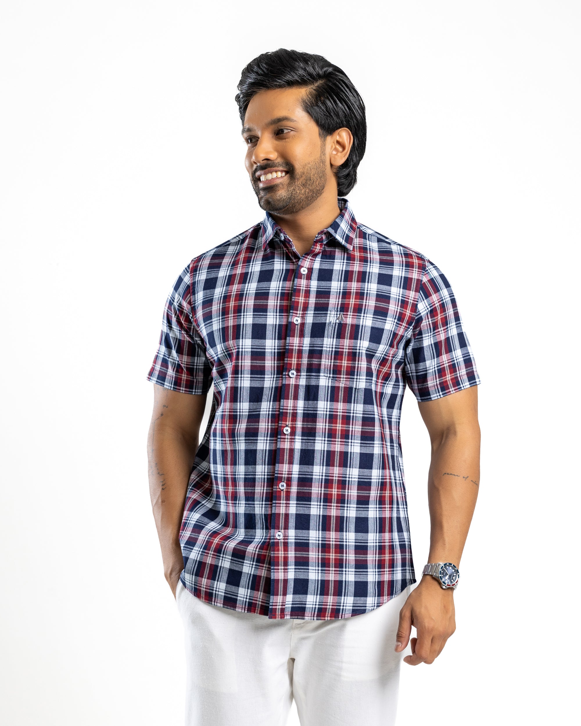100% COTTON CHECK Short Sleeve Shirt- Maroon