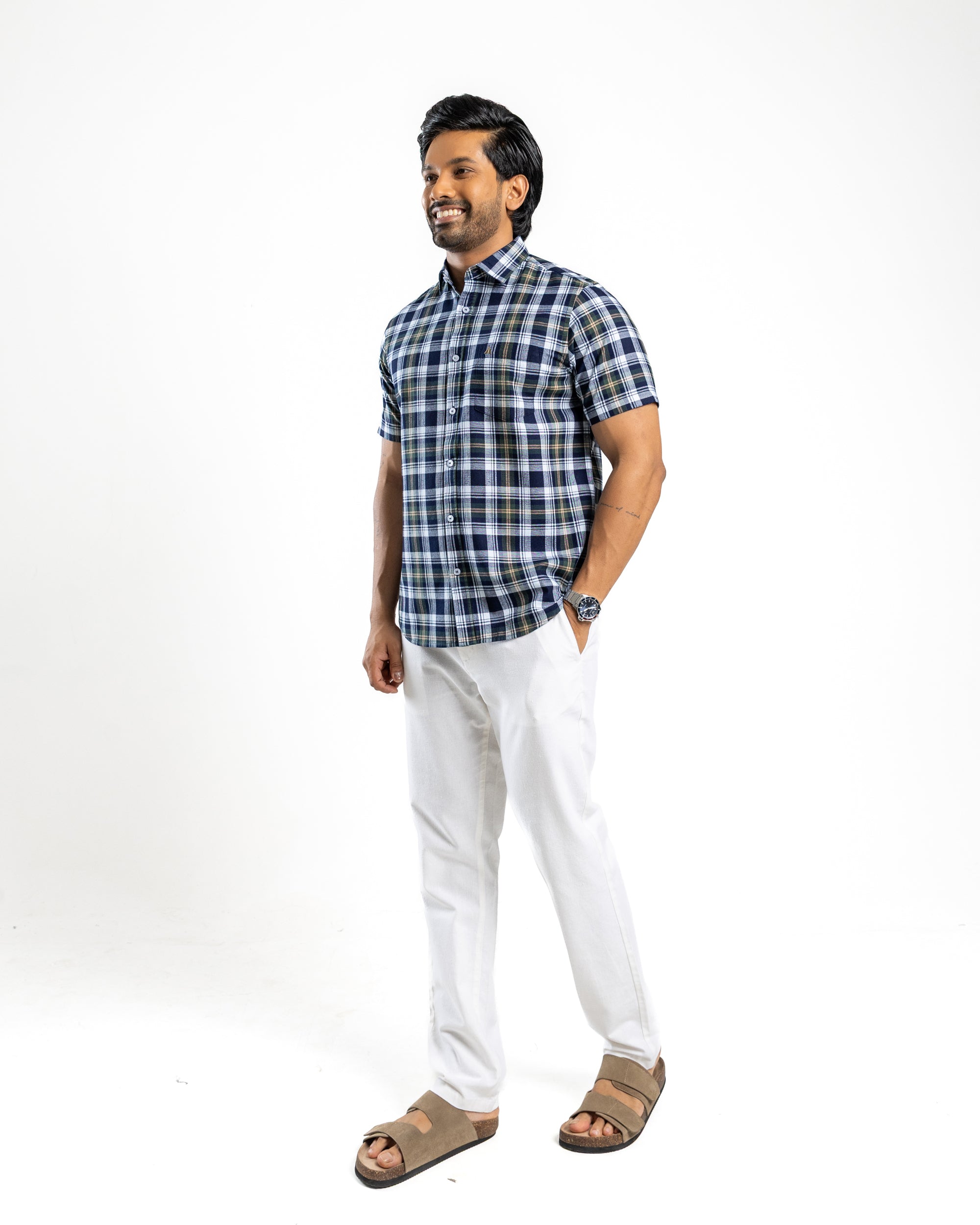 100% COTTON CHECK Short Sleeve Shirt - Olive