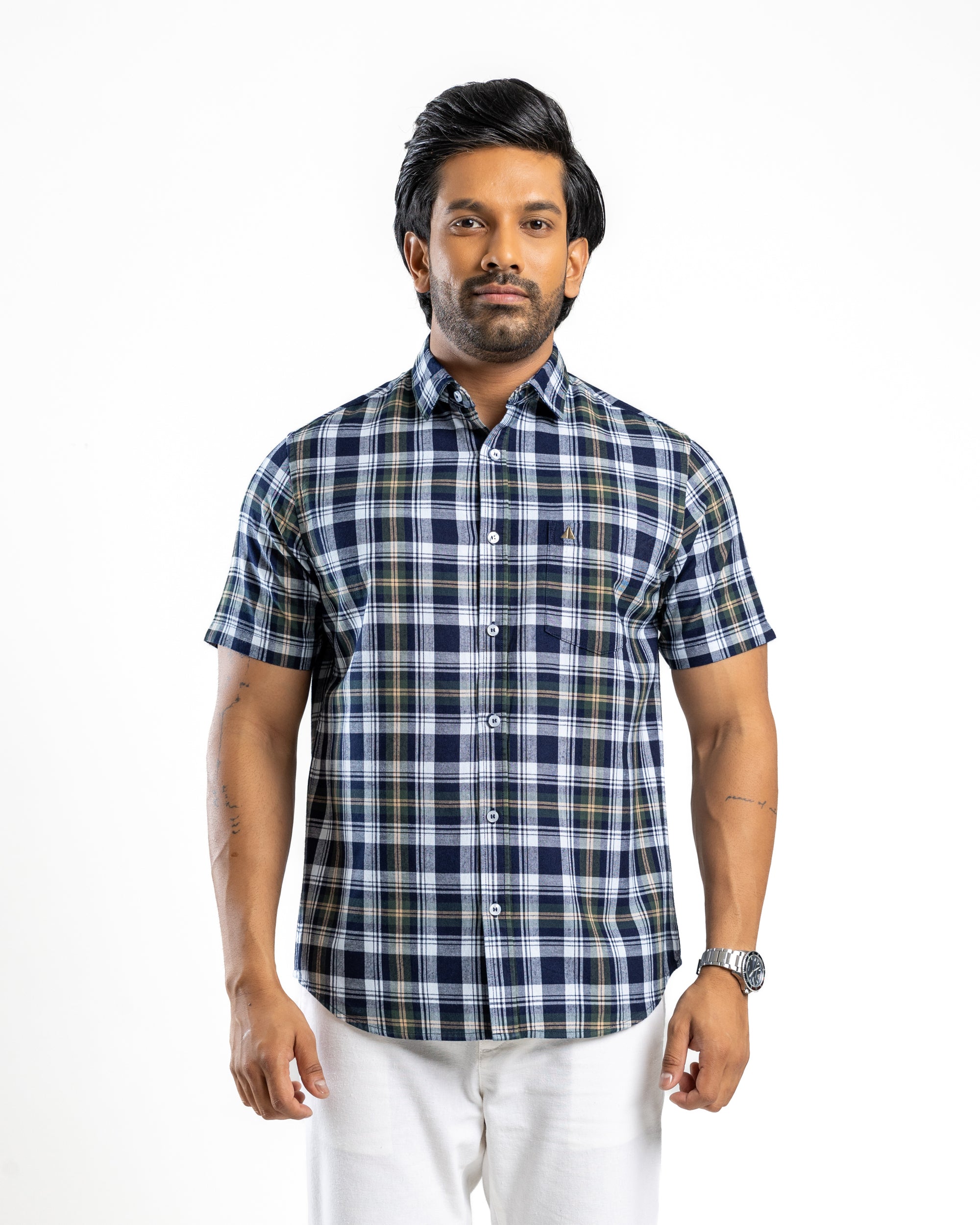 100% COTTON CHECK Short Sleeve Shirt - Olive